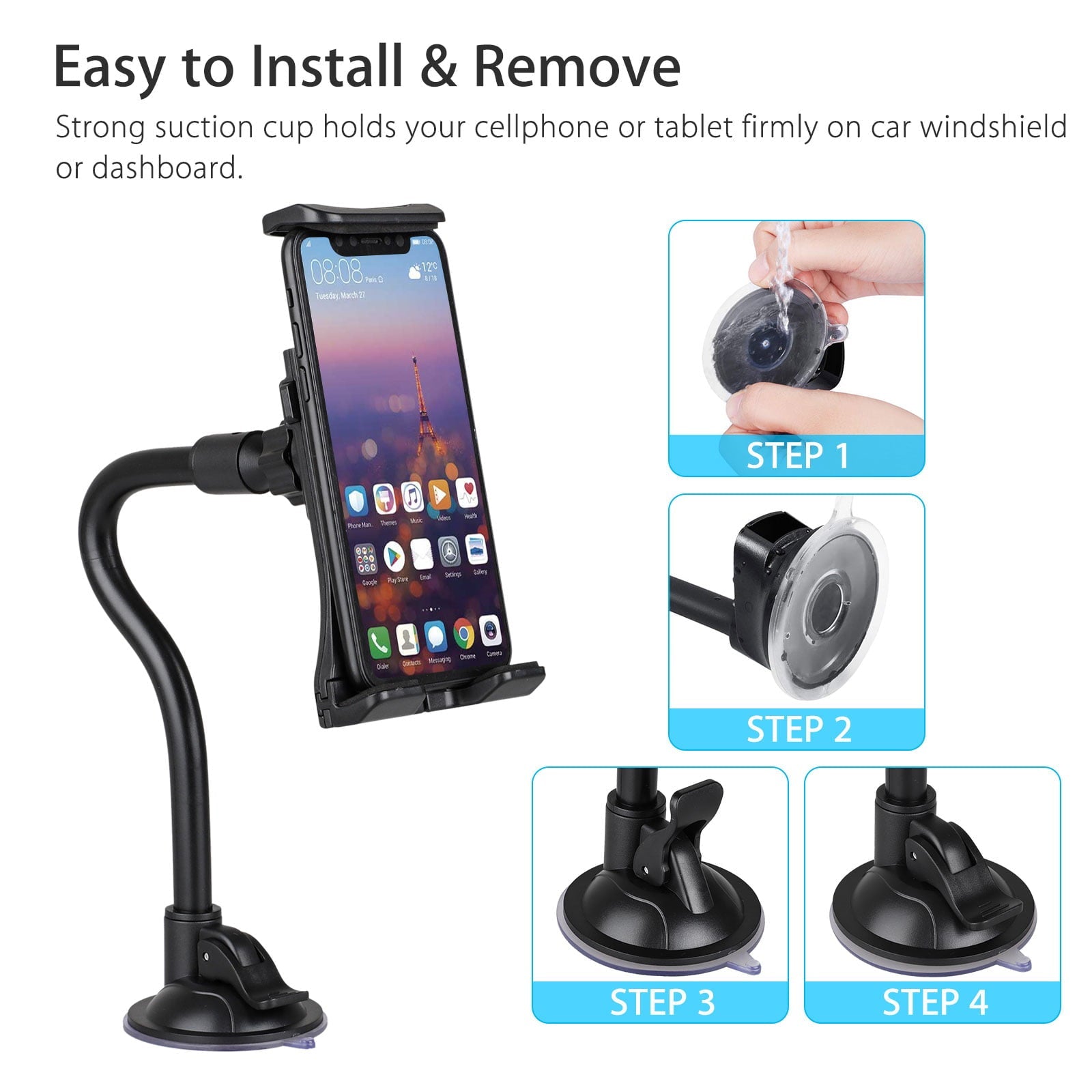 Tablet Car Mount Holder, TSV Long Arm Suction Cup Mount Stand Cradles for 4-12inch Tablet Cell Phone SUV Truck Vehicle Auto, Windshield Mount Holder, 360degree Rotating Hands-Free Navigation