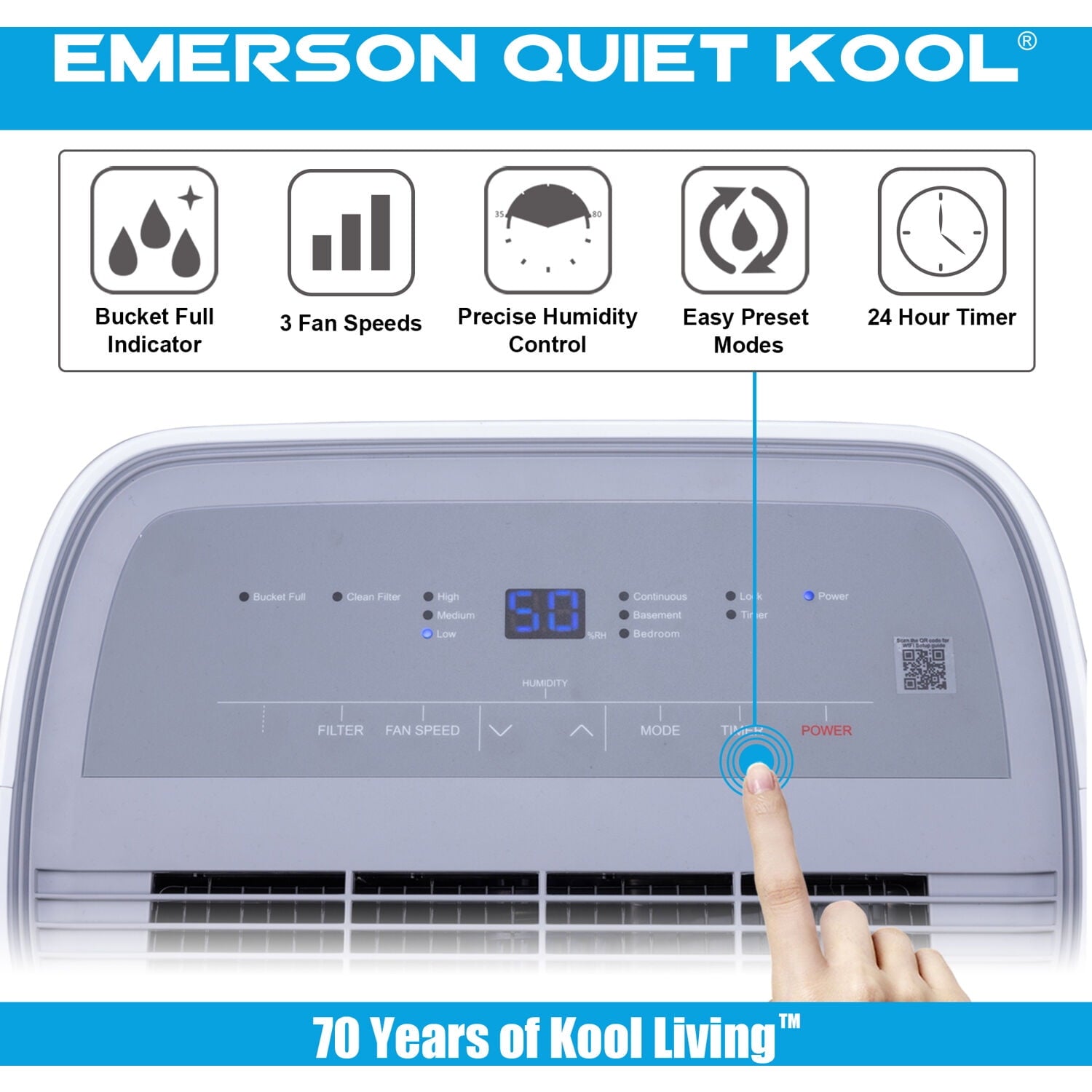 Emerson Quiet Kool 20 Pint Smart Dehumidifier in White with Wi-Fi, Voice Control