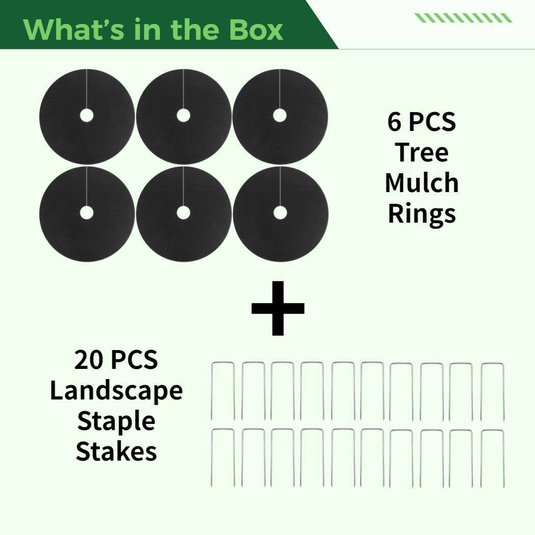 6PCS 20.5 Inch Tree Mulch Rings, Non-Woven Gardening Plant Coverswith 20PCS Landscape Staple Stakes, Thickened Tree Root Protection Mats Weed Barrier Mats