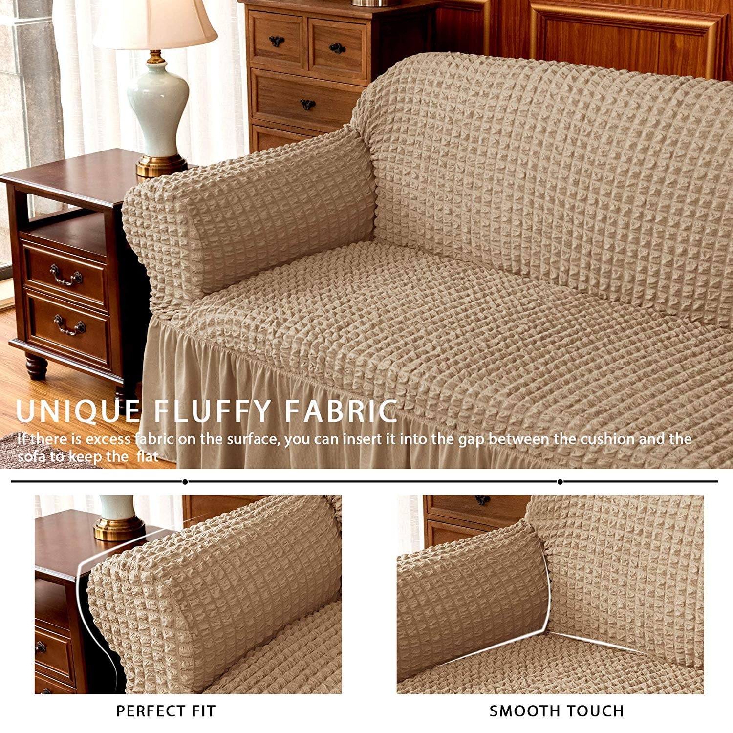 Subrtex Stretch 1-Piece Pleated Ruffled Skirt Armchair Slipcover, Oatmeal