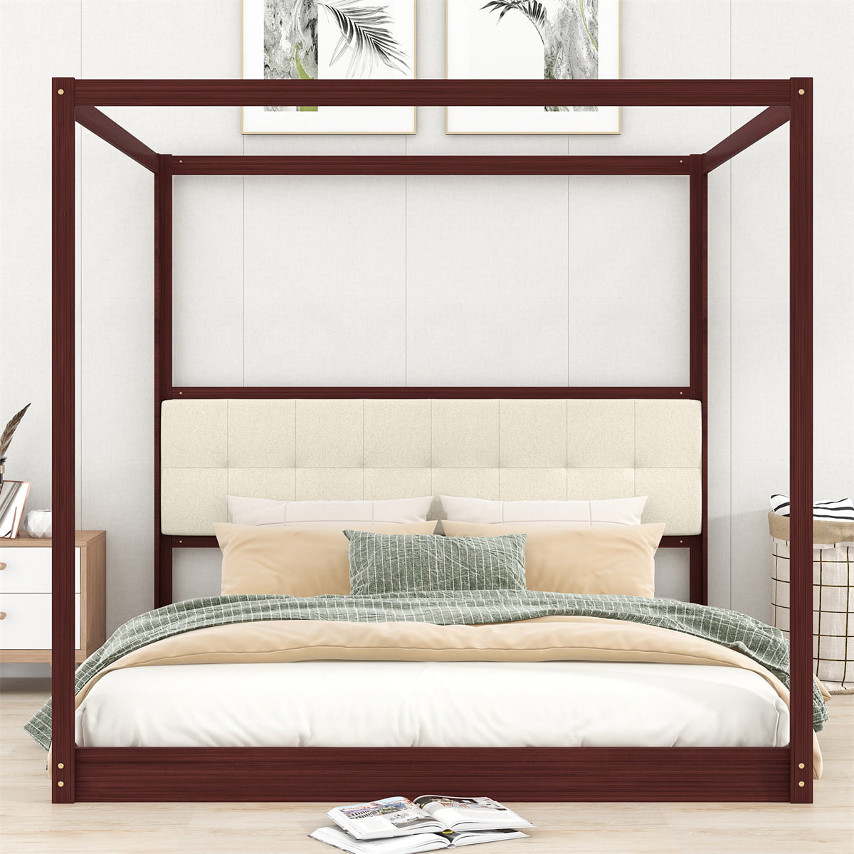 Canopy Bed Frame,King Size Wooden Canopy Bed with Upholstered Headboard and Four Poster Design,Solid Wood Platform Bed Frame with Slats Support for Bedroom,No Box Spring Needed,Easy Assembly,Espresso