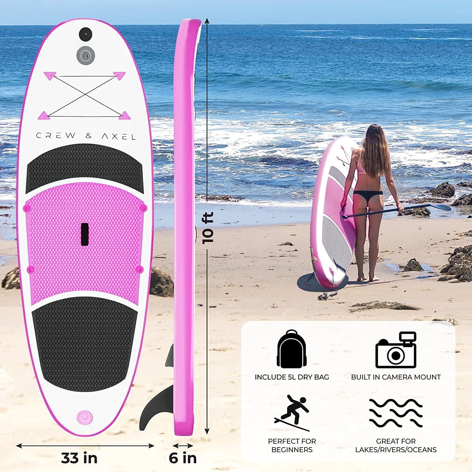 Crew Axel Inflatable Paddle Board 10336 Extra Wide & Lightweight (18lb) Paddle Board  Premium SUP Set Includes 2 Bags, Floating Paddle, Camera Mount, 3 Fins, Dual Pump Kit