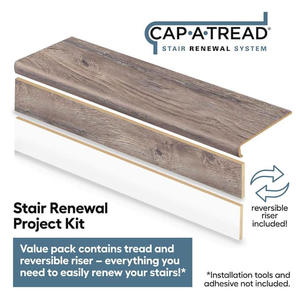 Waveford Gray Oak Stair Tread & Reversible Riser Kit 47 in. L x 12-1/8 in. W x 2-3/16 in T for Stairs 1-1/8' to 1-3/4' T