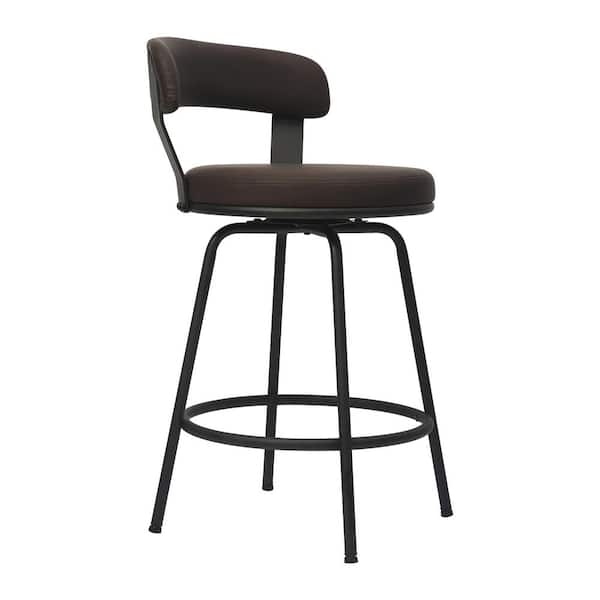 32.5 in. Brown Low Back Metal Frame Swivel Counter Stool with Round PU Leather Seat (Set of 2)