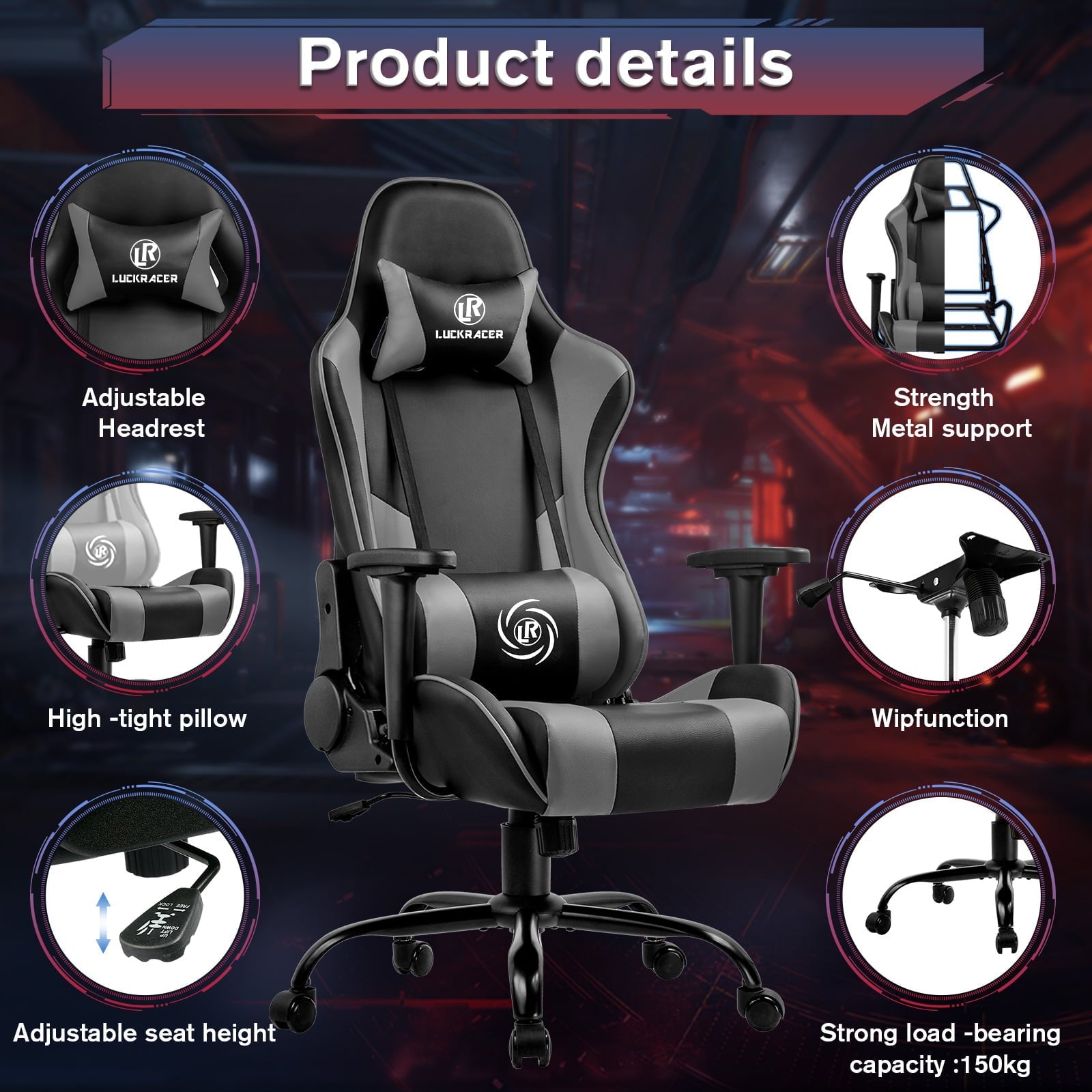 GTPOFFICE Gaming Chair With Massage Office Chair, Gray