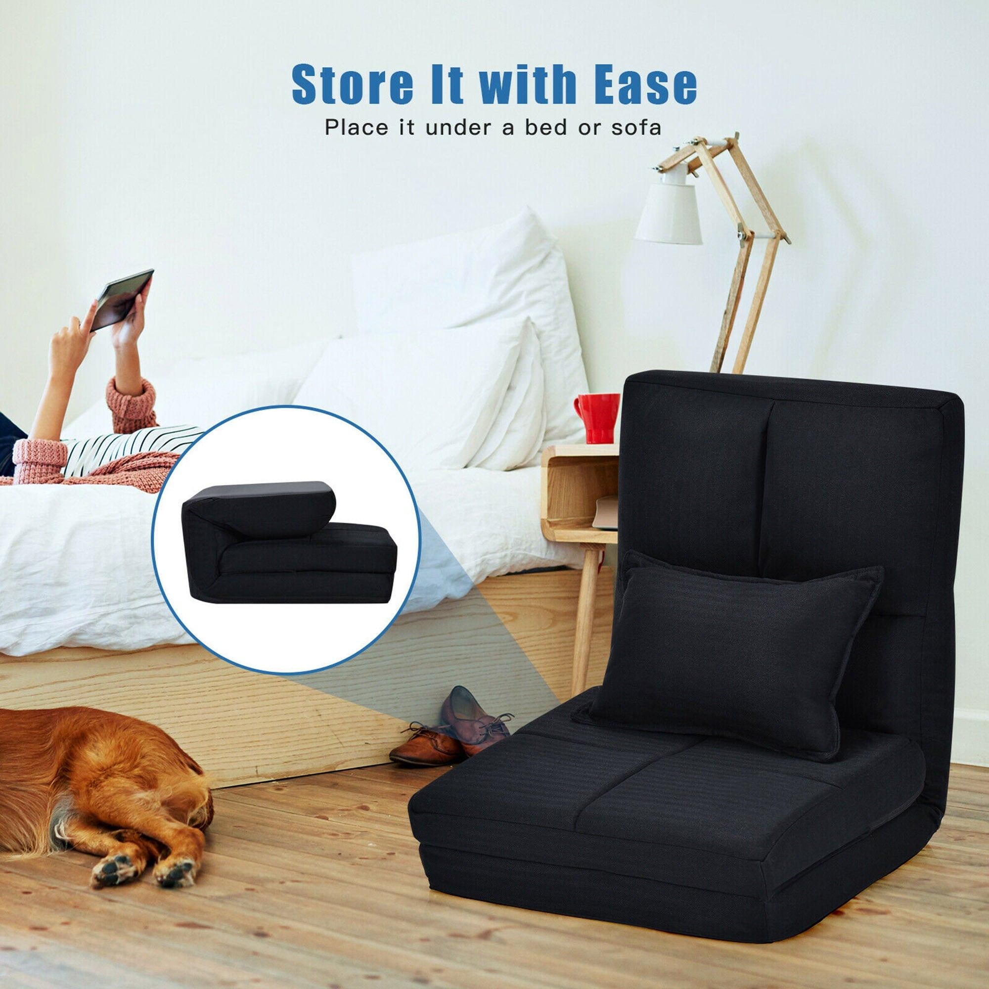 Gymax Flip Chair Convertible Sleeper Couch Futon Bed Lounger w/Pillow Black