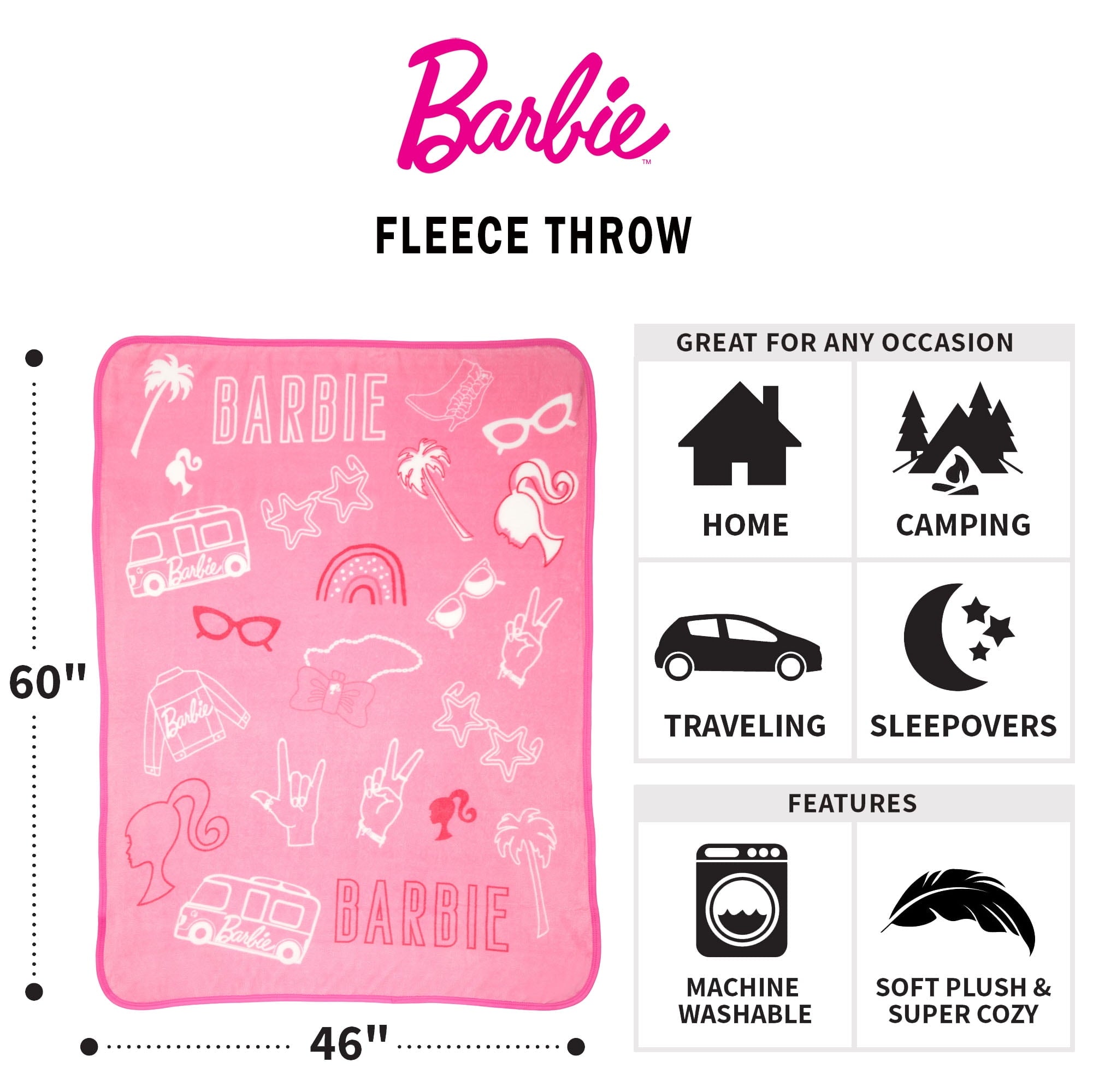 Barbie Kids Fleece Throw, 46 x60 , Pink, Mattel