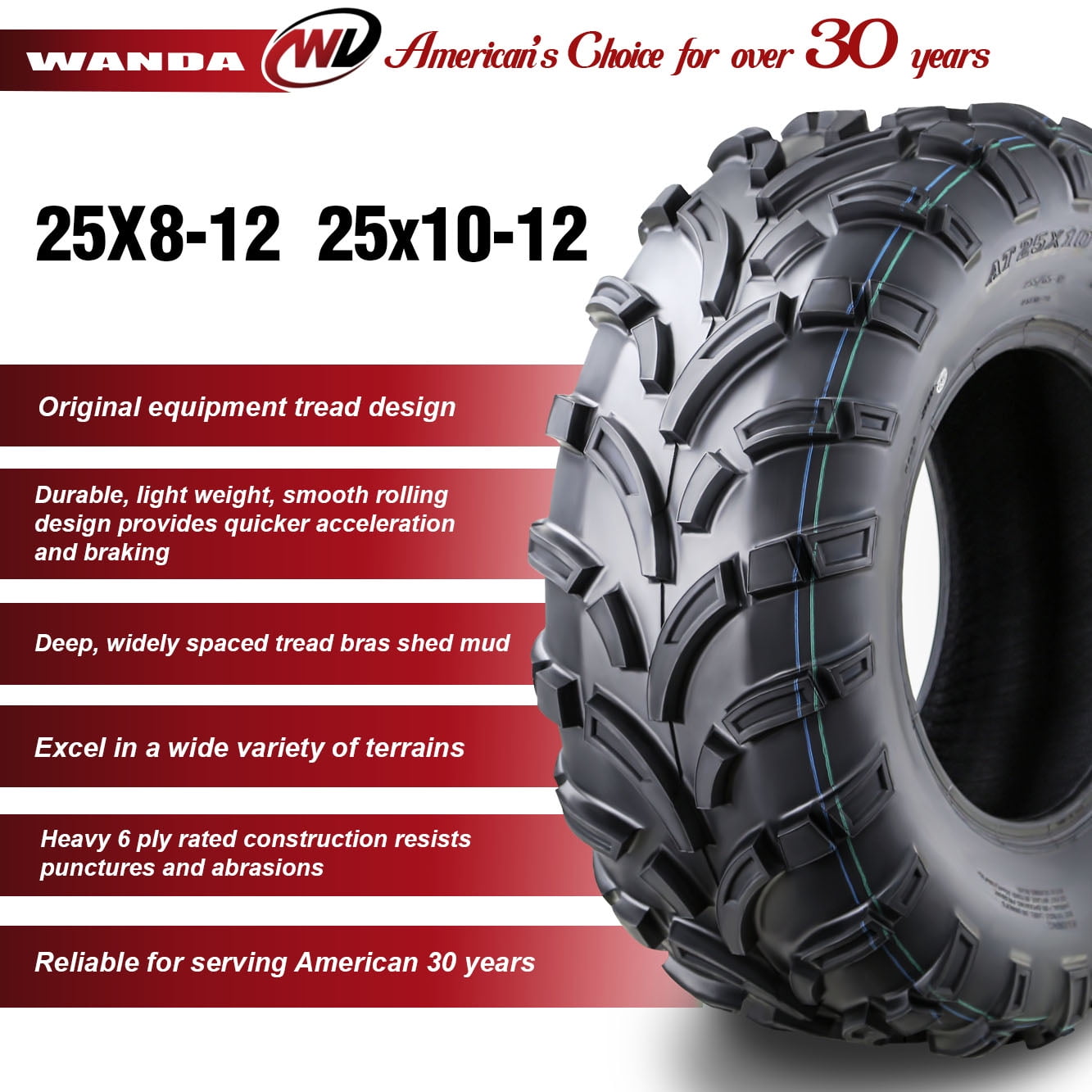 Wanda ATV/UTV Tires 25x8-12 Front & 25x10-12 Rear 6PR P373 - 10243/10244, Set 4