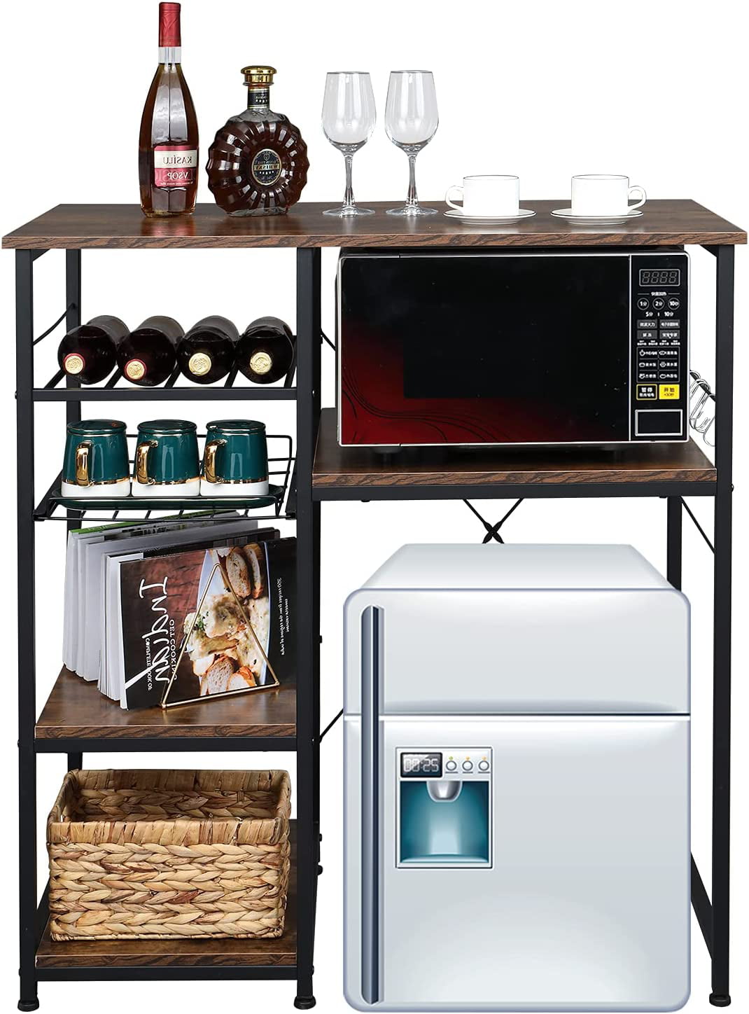 Microwave Stand 4-Tiers Kitchen Storage Fit Mini Fridge Baker¡¯s Rack Shelving Utility Coffee Bar with Big Drawer Wine Rack Metal Frame Industrial Workstation Organizer Kitchen Decor