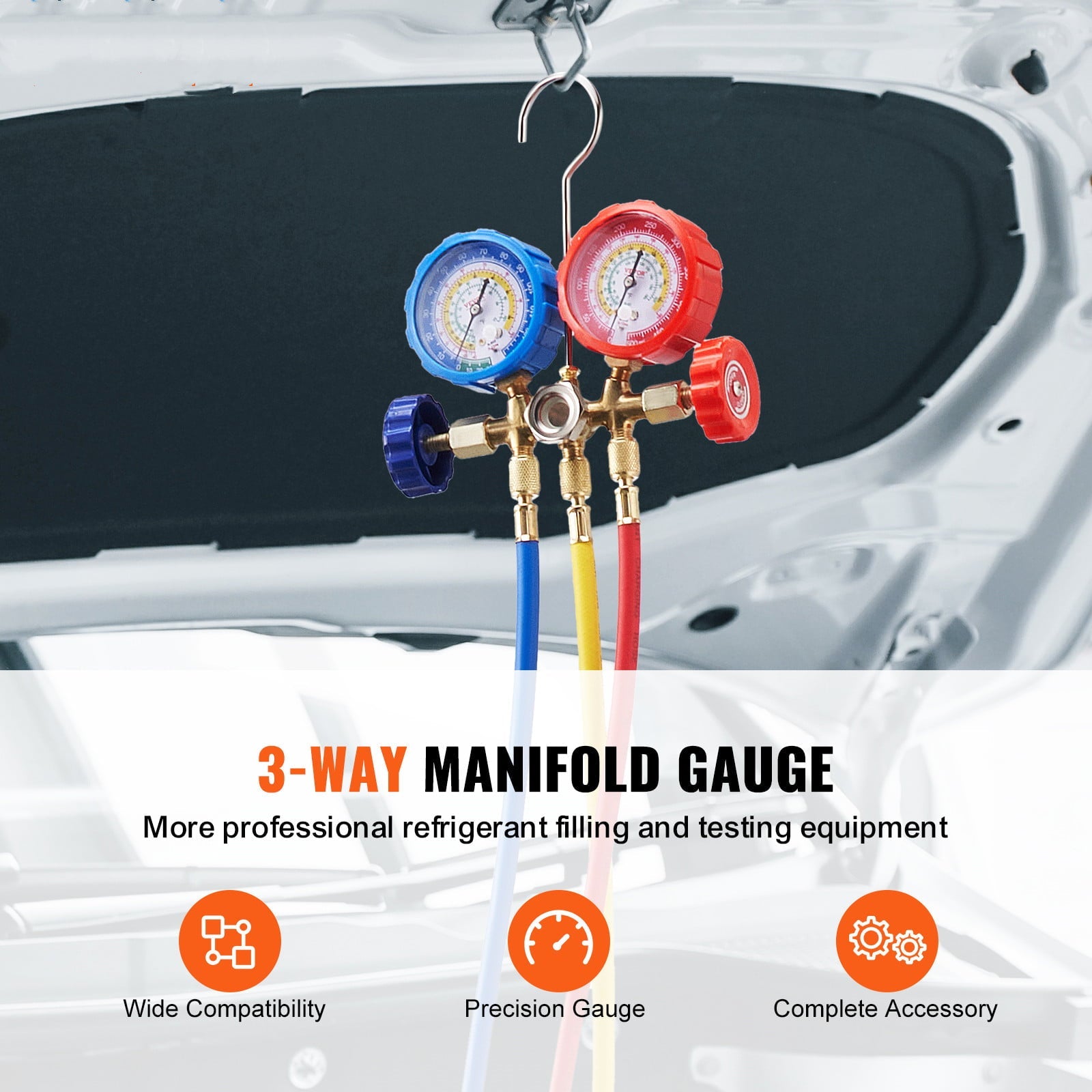 BENTISM AC Manifold Gauge Set 3-Way Fit R134A R22 R12 R502 Refrigeration Charging with Portable Case 3PCS Hoses