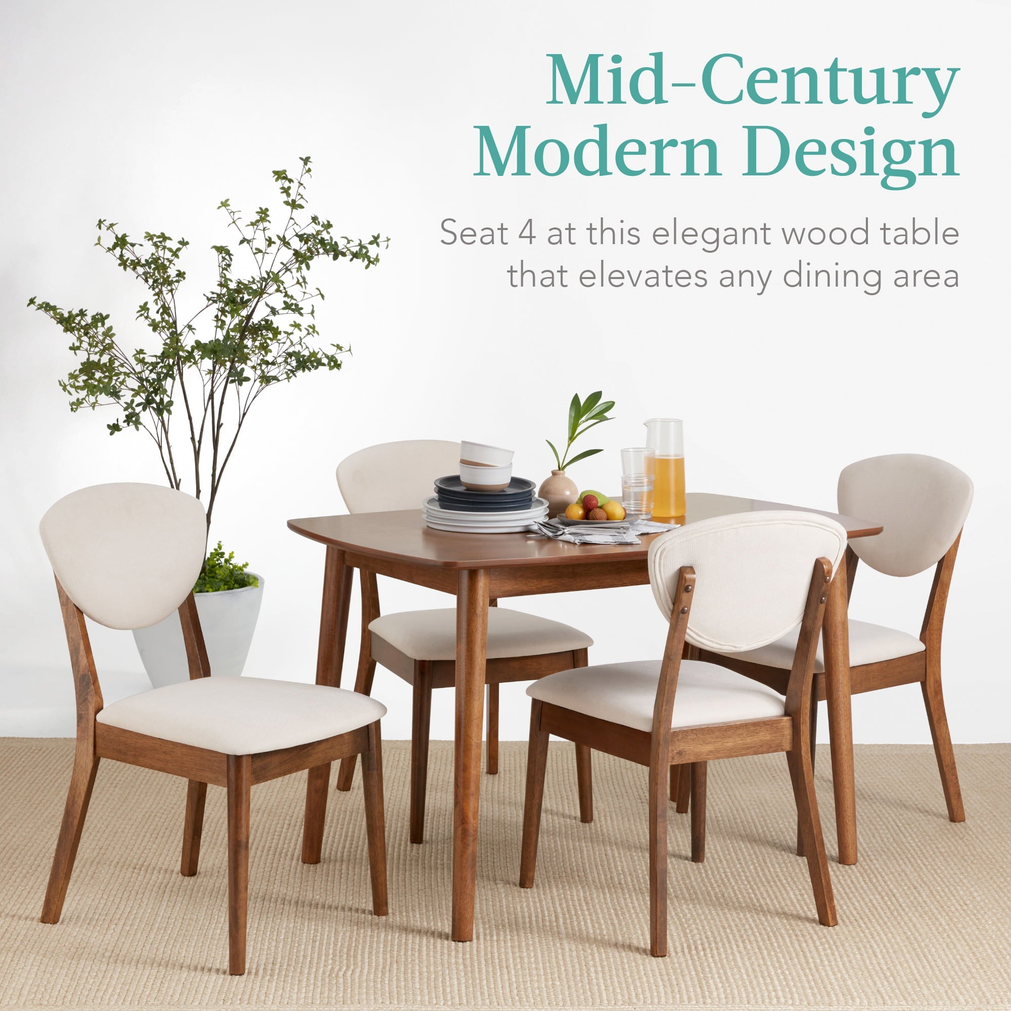 Best Choice Products 5-Piece Compact Wooden Mid-Century Modern Dining Set w/ 4 Chairs, Padded Seat & Back - Brown/White
