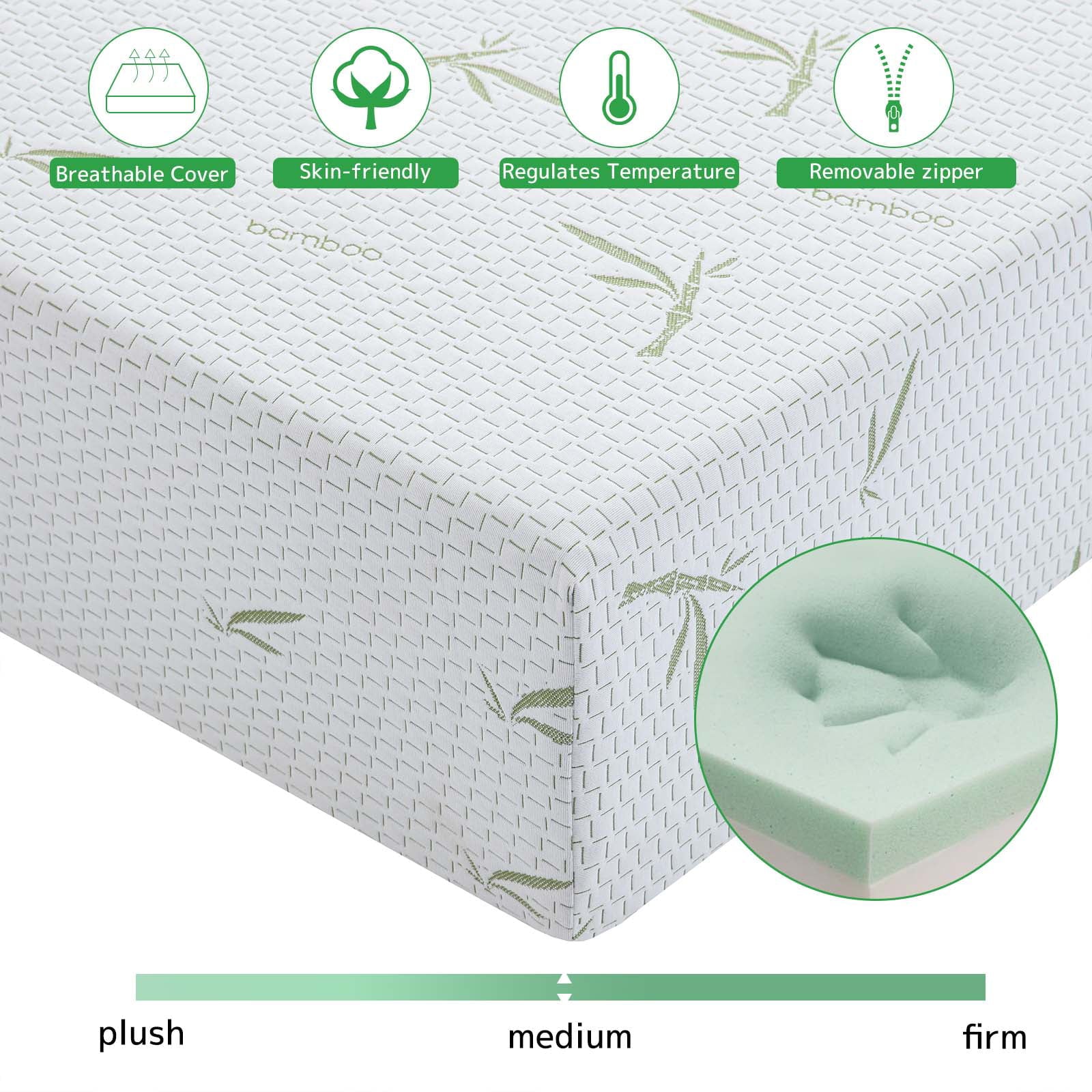Twin Size Memory Foam Mattress with Bamboo Pattern Cover Breathable Bed Mattress in a Box, CertiPUR-US, Made in USA