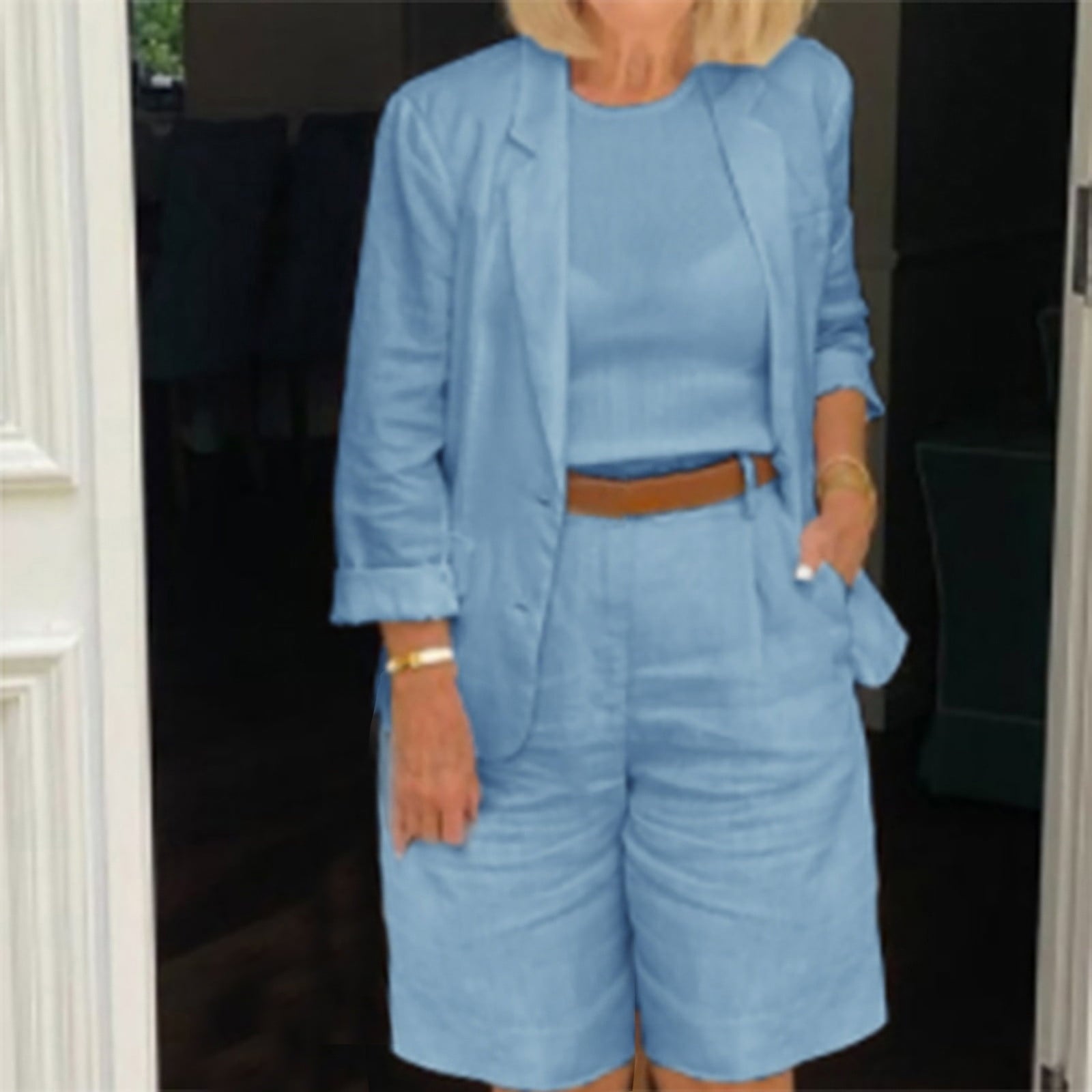 JGGSPWM Women’s 2 Piece Lounge Tracksuit Outfit Sets Cotton Linen Blazer Shirt and Button Casual Shorts Set Blue XXXL