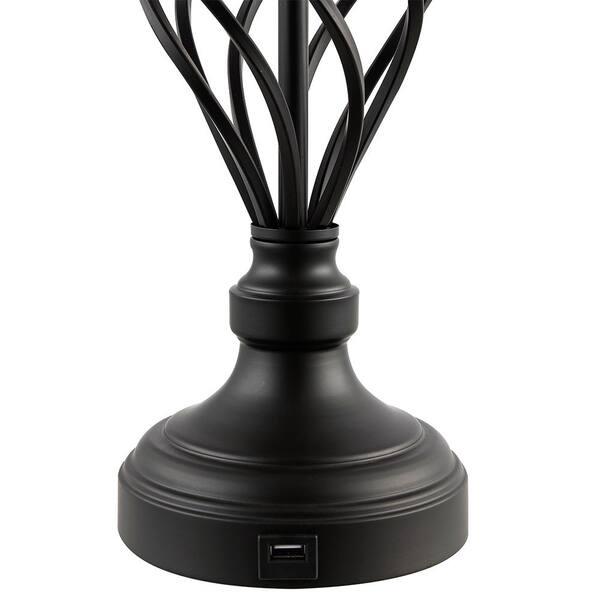 28 in. Bronze USB Table Lamp with White Linen Shade