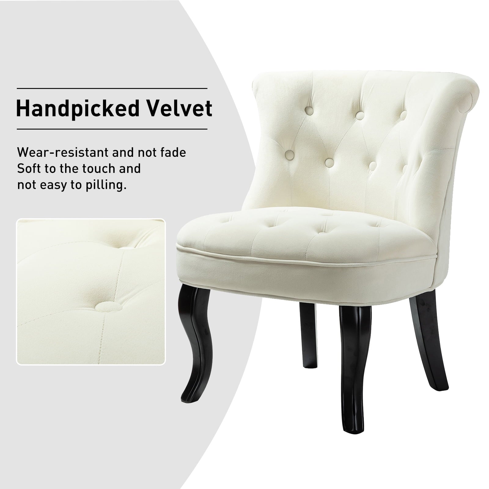 14 Karat Home Velvet Armless Accent Chair Upholstered Button Wooden Legs Bedroom Adult White