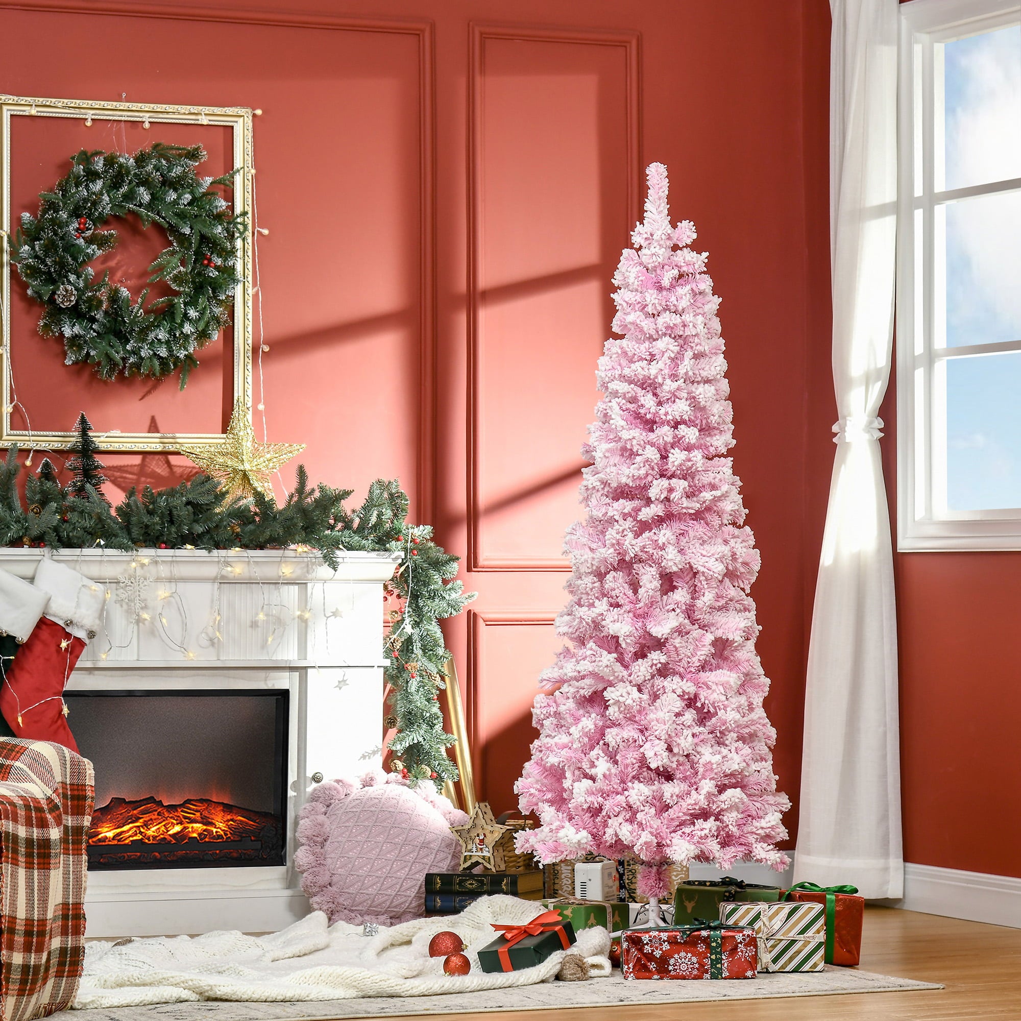HOMCOM 6' Tall Unlit Snow Flocked Artificial Christmas Tree Slim Pencil Xmas Tree with Pine Shape and Realistic Branches, Pink