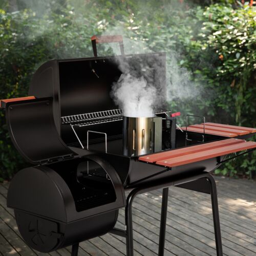 Royal Gourmet Charcoal Grill w/ Offset Smoker Wood-Painted Side & Front Table