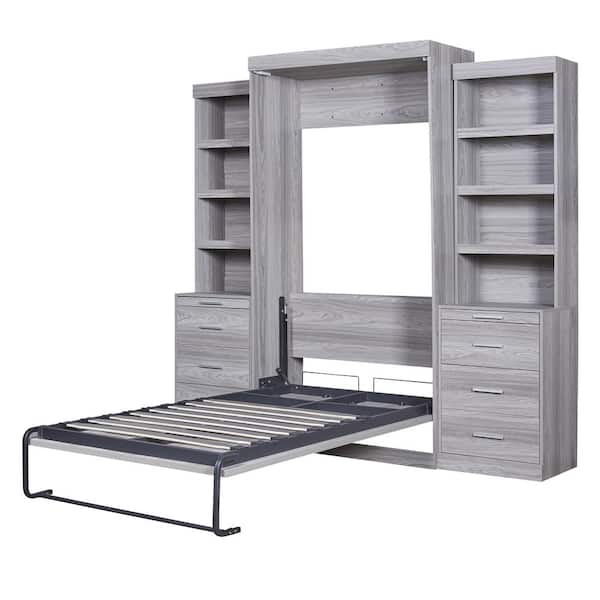 Gray Wood Frame Twin Size Murphy Bed with 8 Storage Shelves and 8-Drawer, Folded Into a Cabinet