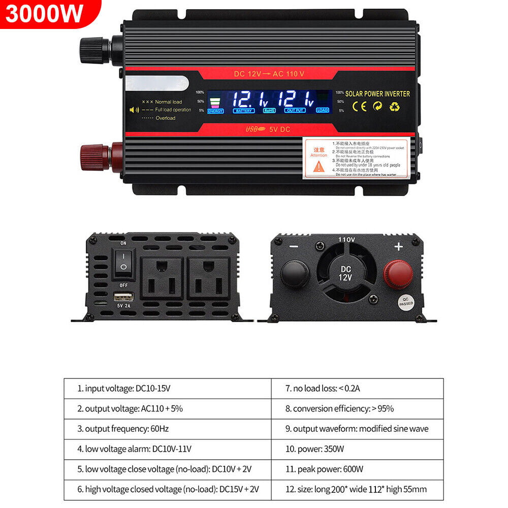 JLLOM 3000W/4000W Car Power Inverter DC 12V To AC 110V Pure Sine Wave Solar Converter LCD