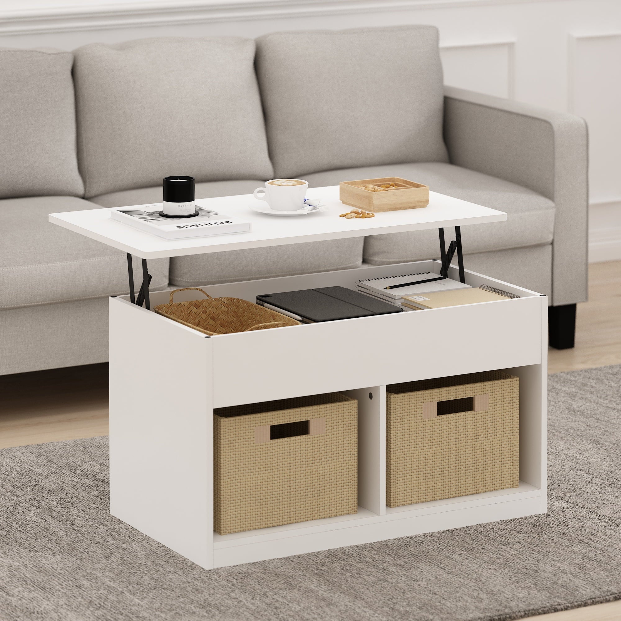 Furinno Jensen Lift Top Coffee Table, French Oak Grey