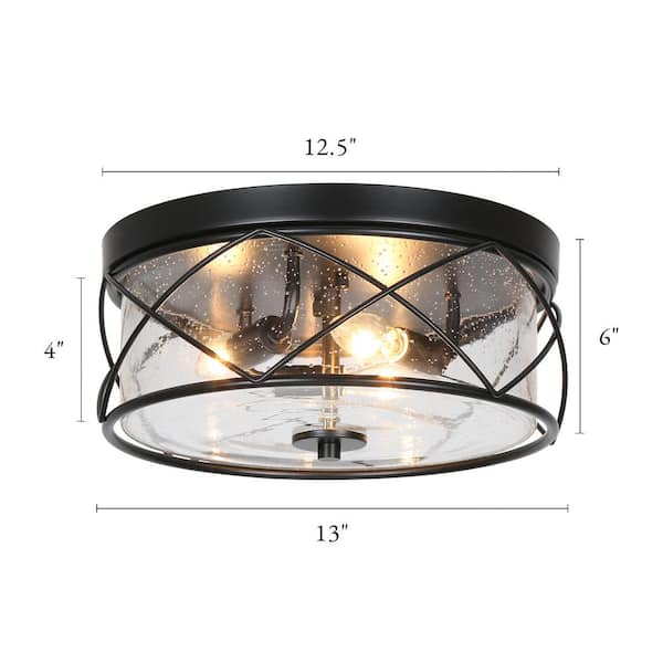 13 in. 3-Light Black Modern Farmhouse Foyer Flush Mount Ceiling Light with Clear Seeded Glass Shade and Cage Frame