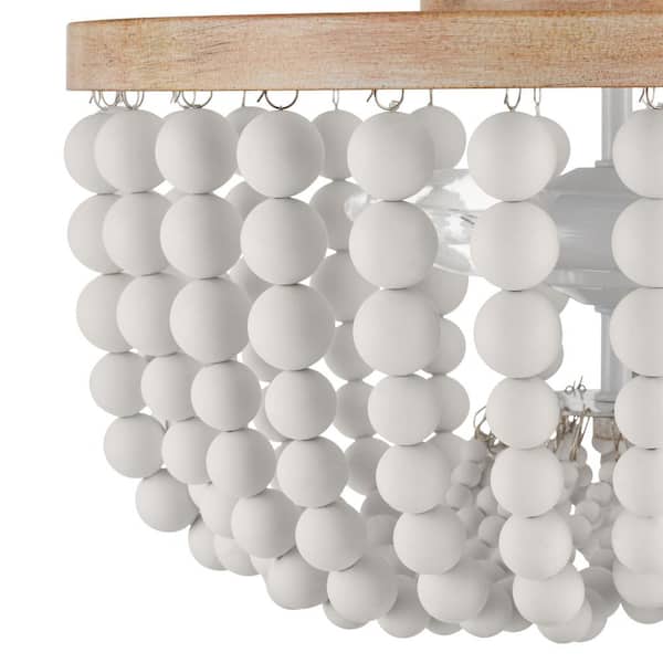 Cayman 13 in. 2-Light White and Faux Wood Beaded Flush Mount Ceiling Light Fixture with White Beaded Shade