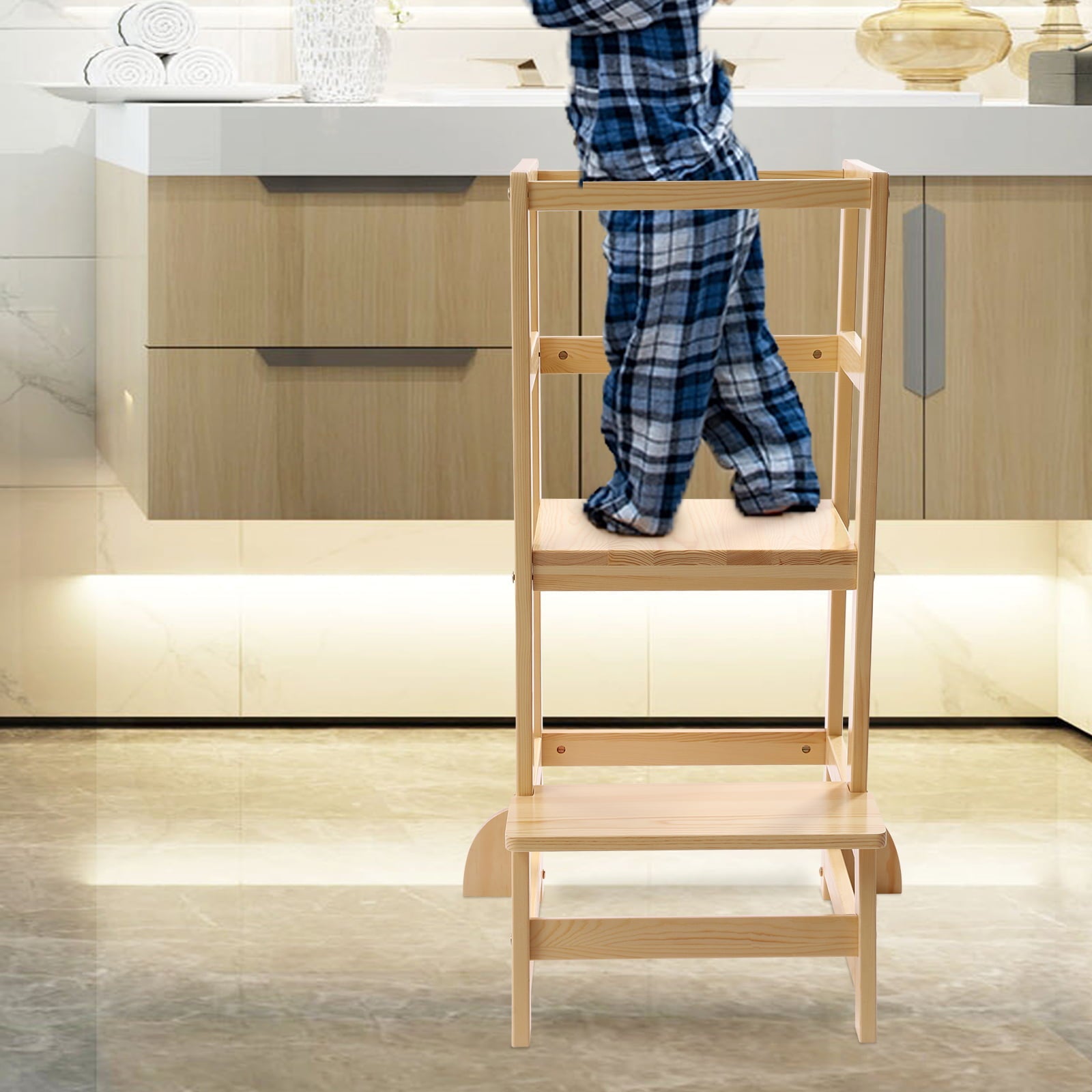 Kitchen Step Stool with Safety Rails Natural