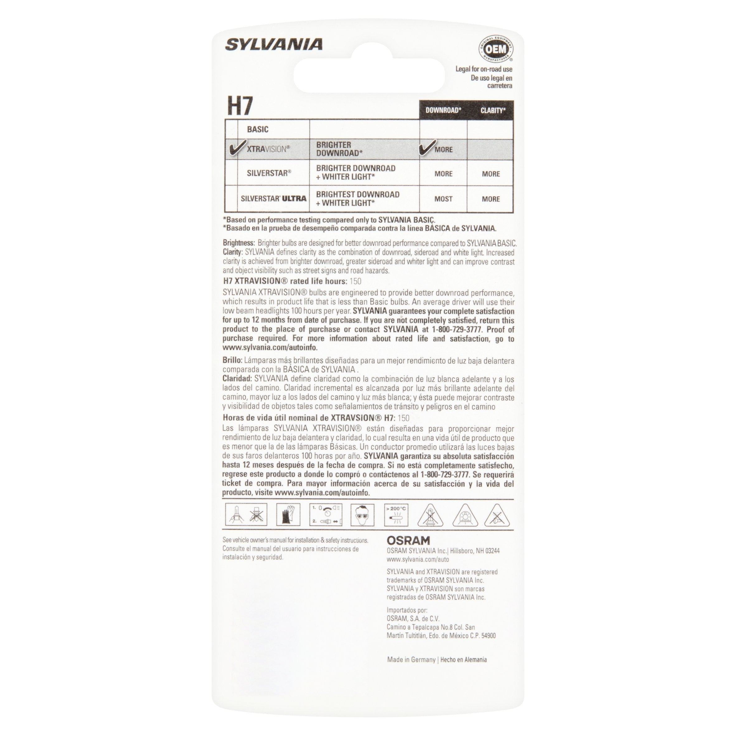 Sylvania H7 XtraVision Halogen Headlight Bulb, Pack of 1