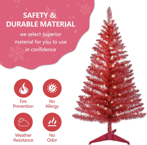 4Ft Lighted Artificial Red Christmas Tree, Not Pre-Lit Red Tinsel Pine Trees wit