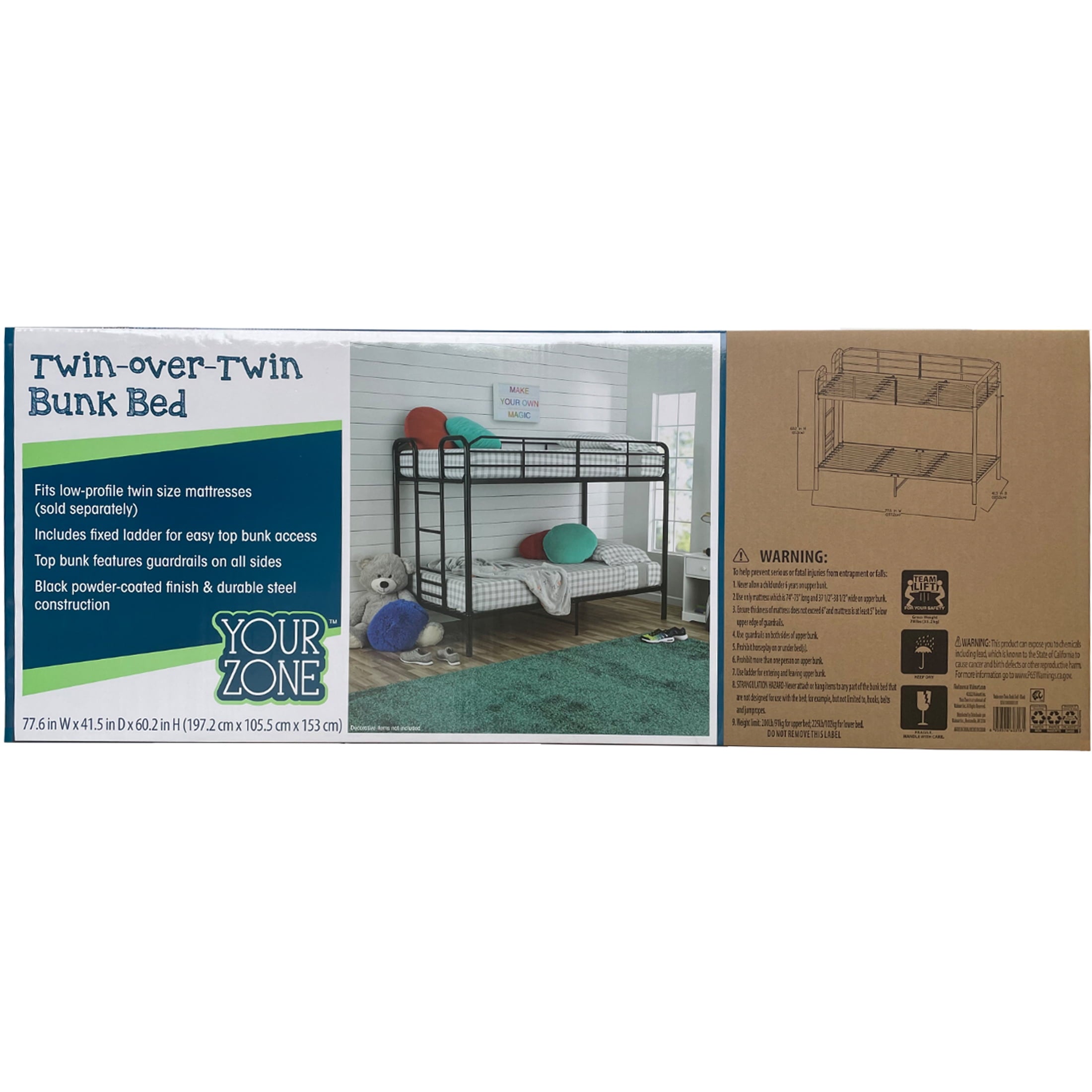 Your Zone Kids Metal Twin over Twin Quad Bunk Bed with Ladder and Guardrails, Black