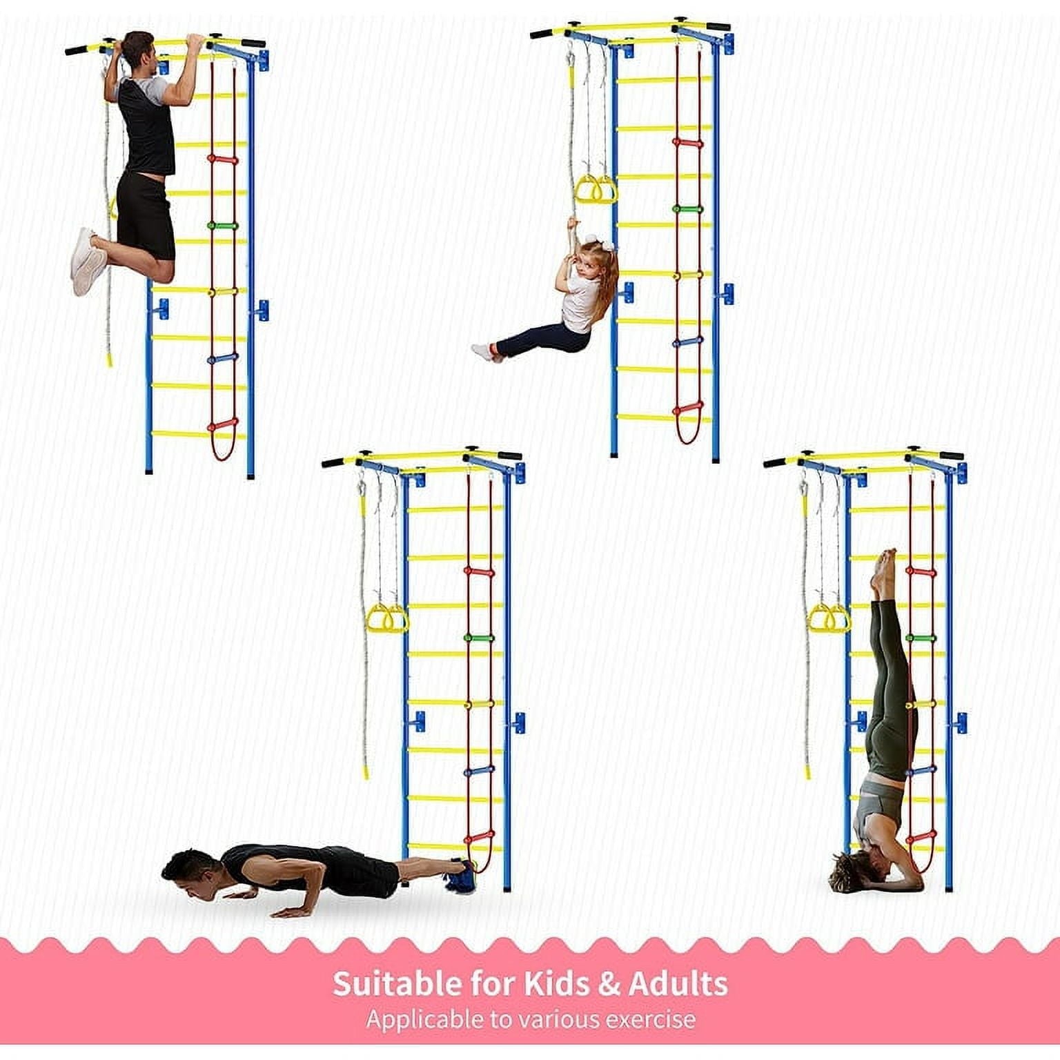 Cuoote 5 in-1 Metal Wall Ladder Stall Bars Set, Indoor Kids Gym for Exercise, Ladder Wall Set with Wall Ladder, Pull-up Bar, Climbing Rope, Gymnastic Rings, Kids Climbing Toys for Boys Girls