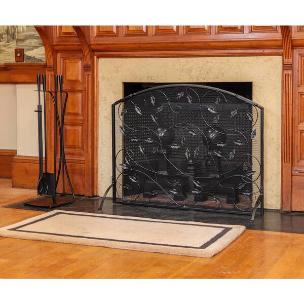 38 in. 1- Panel L Black Flat Fireplace Screen with Leaves Pattern