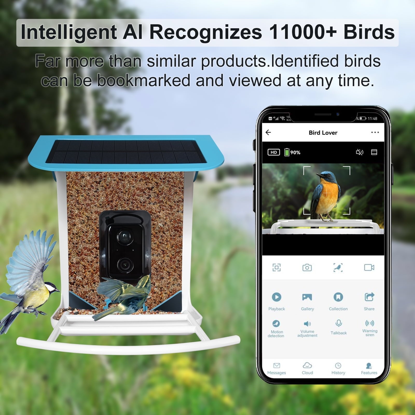 Bird Feeder with Camera,YBLOC Bird House,AI Smart Bird Feeder,Camera 1080P HD Video,AI Identify Bird,Wifi ,Blue