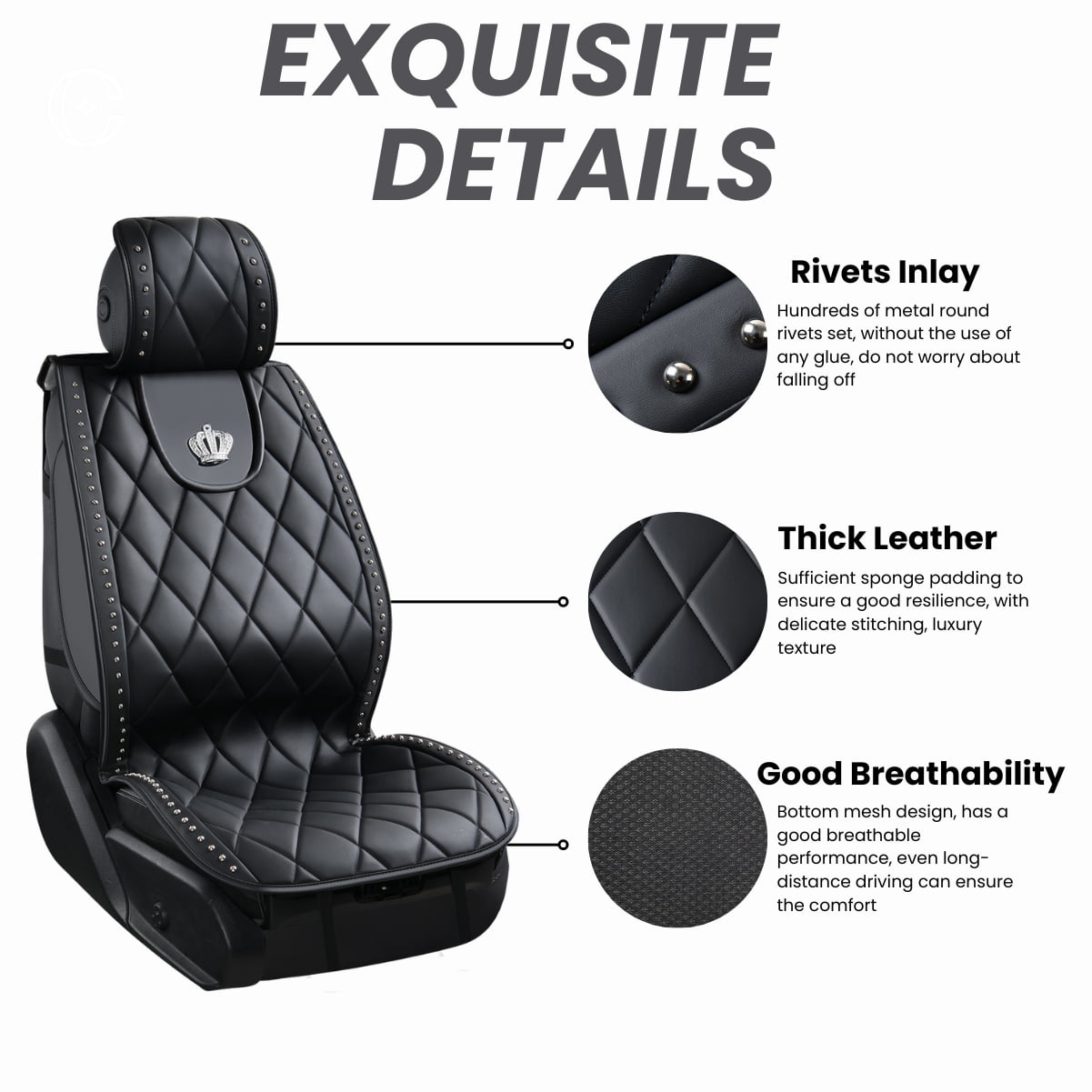 Carshaping Universal Full Surrounded Bling Diamond Crown Soft Leather Front 1PC Car Seat Covers