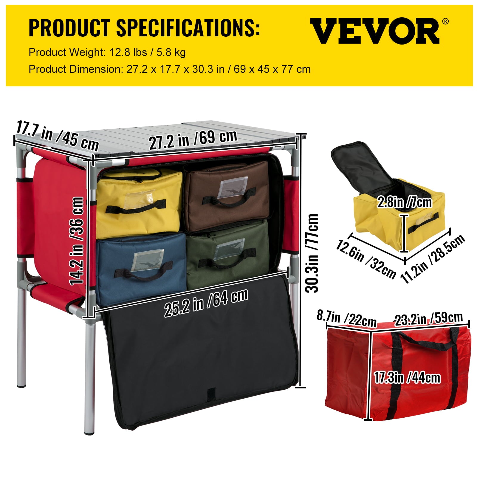 Camping Kitchen Station, Aluminum Portable Folding Camp Cook Table with 4 Detachable Legs & 4 Cooler Bags, Red