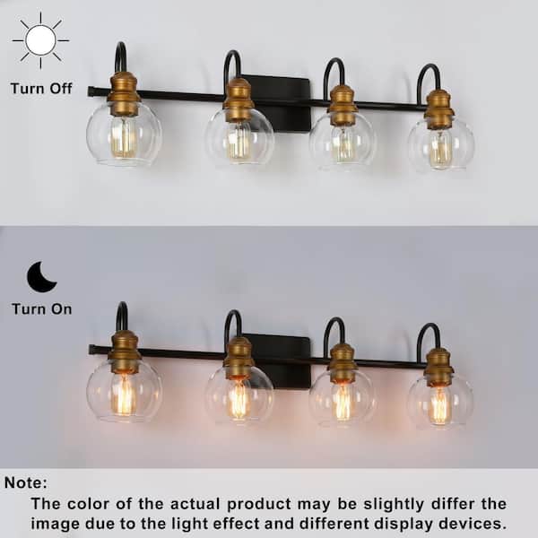 Modern Black Wall Light 29.5 in. 4-Light Bronze and Antique Gold Bathroom Brass Vanity Light with Globe Glass Shades