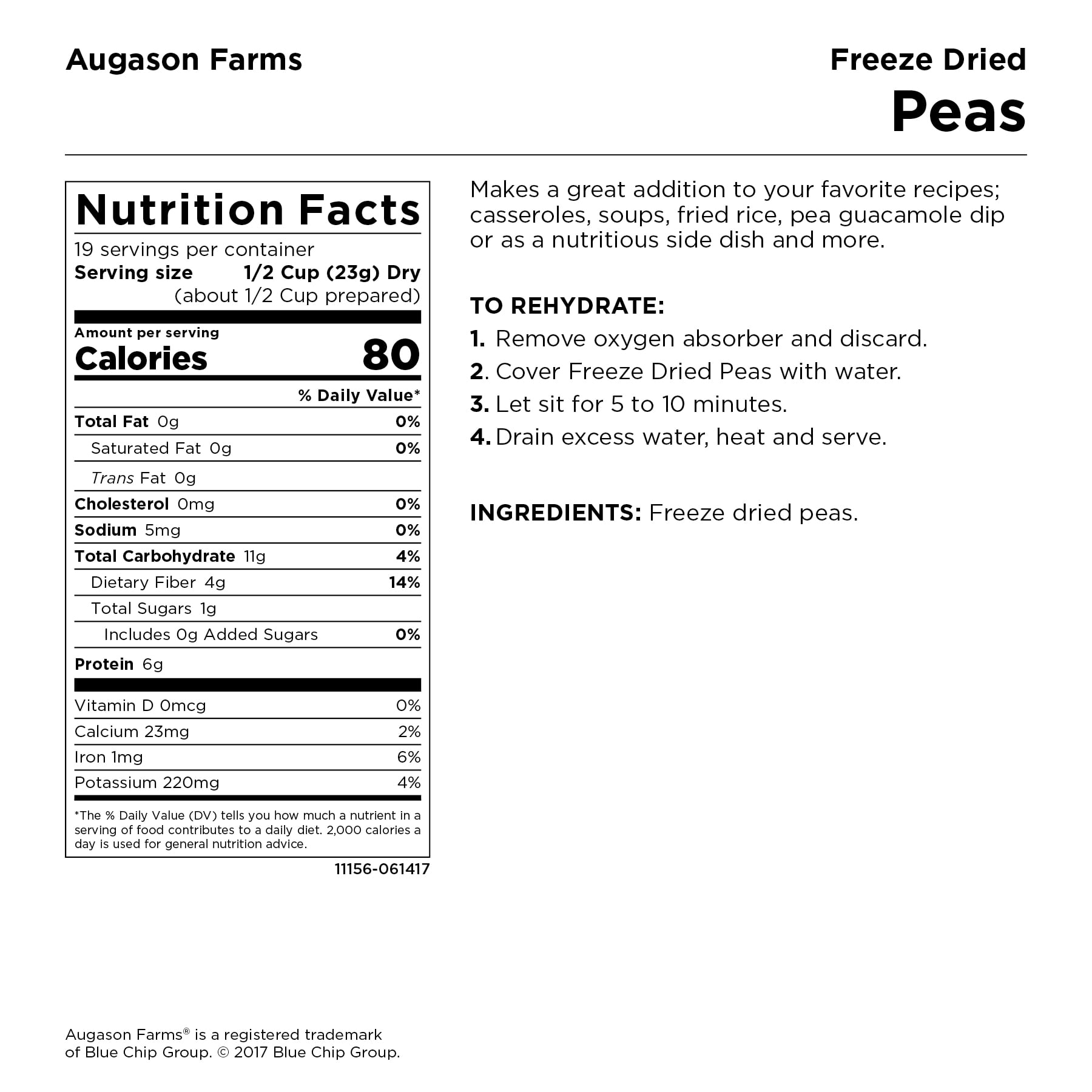 Augason Farms Freeze Dried Peas 1 lb No. 10 Can
