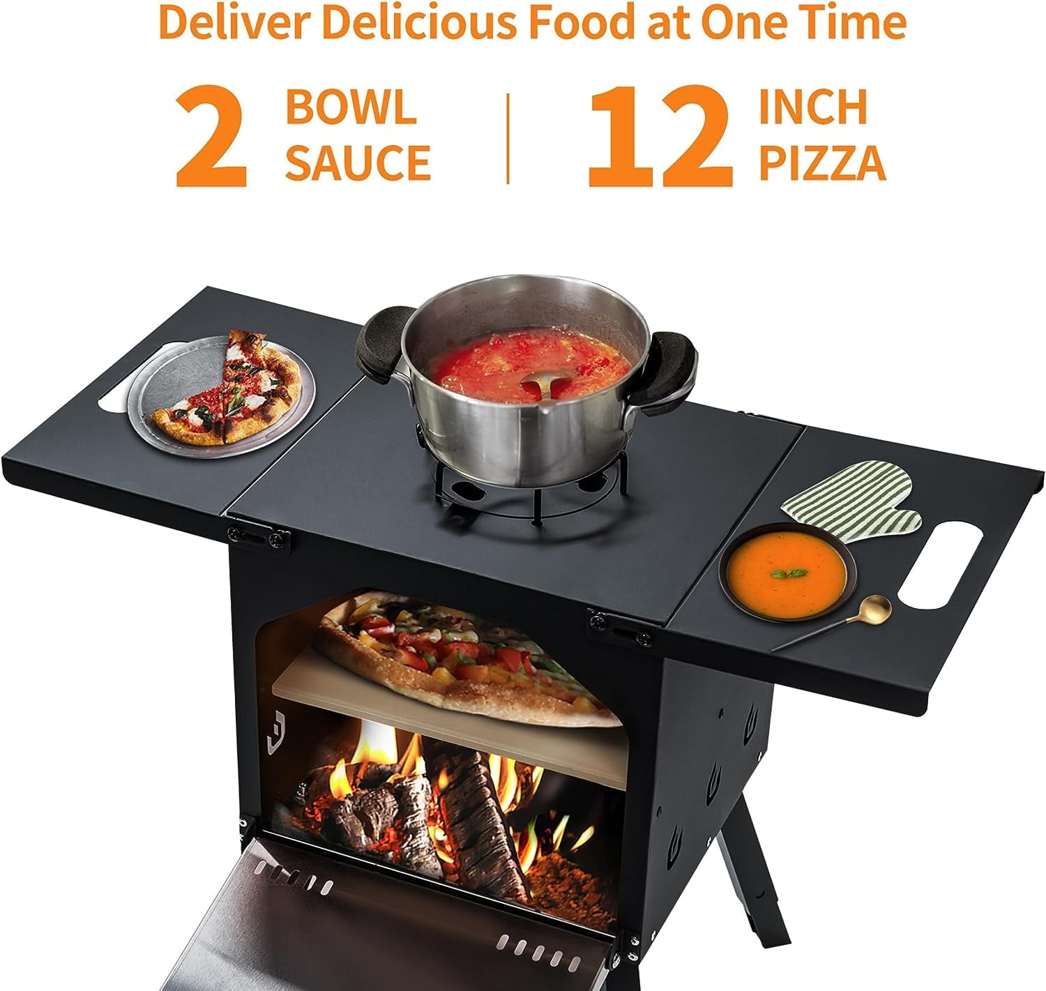 Pizzello Outdoor Pizza Oven Wood Fired 2-Layer Pizza Ovens Include Pot Holder for Warming Food, Pizza Stone, Pizza Peel, Cover, Foldable Shelves & Adjustable Legs, Pellet Oven for Party Camping
