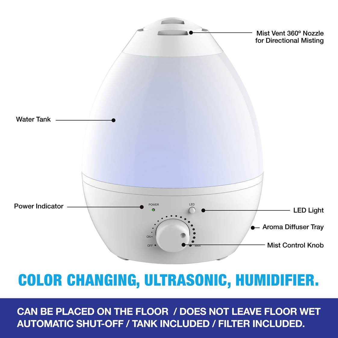 Bell + Howell Cool Ultrasonic Humidifier with XL 1 Gallon Capacity, Built In Aroma Diffuser, 7 Color Changing Nightlight
