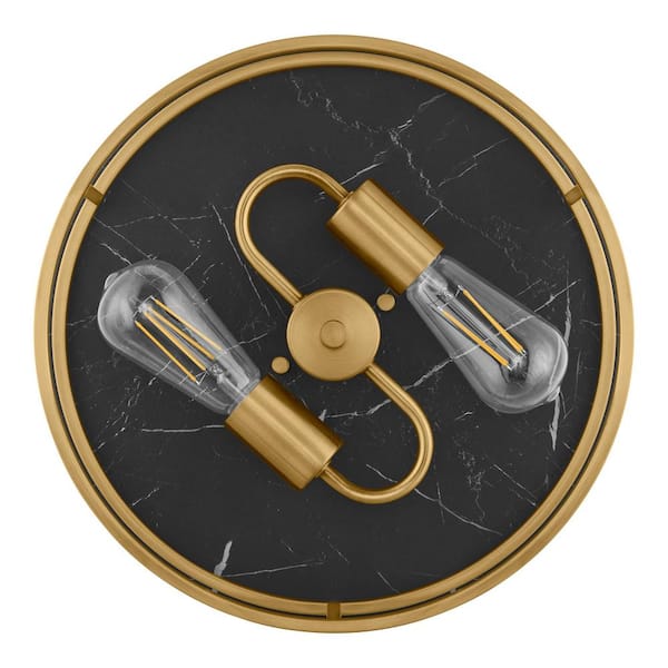 Cogburn 13 in. 2-Light Antique Brass with Black Marbled Base Flush Mount