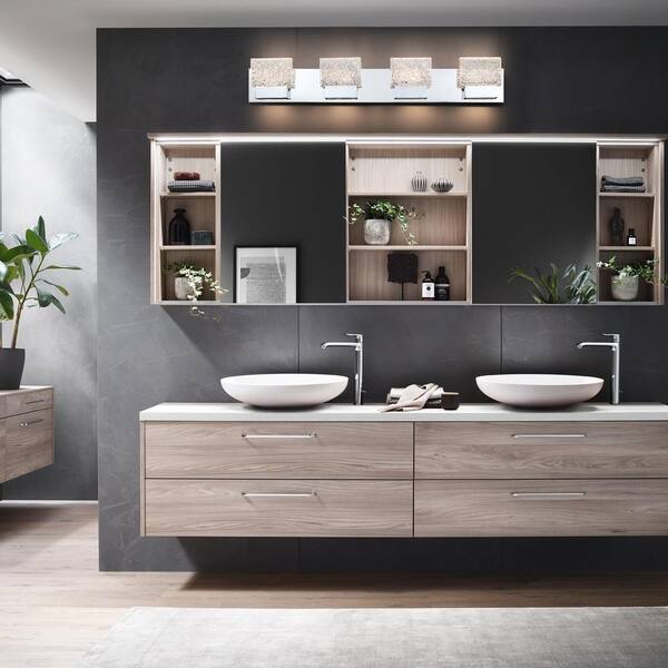 32.25 in. 4-Light Chrome Stainless Steel LED Bathroom Vanity Light with Clear Ice-Like Brick Glass