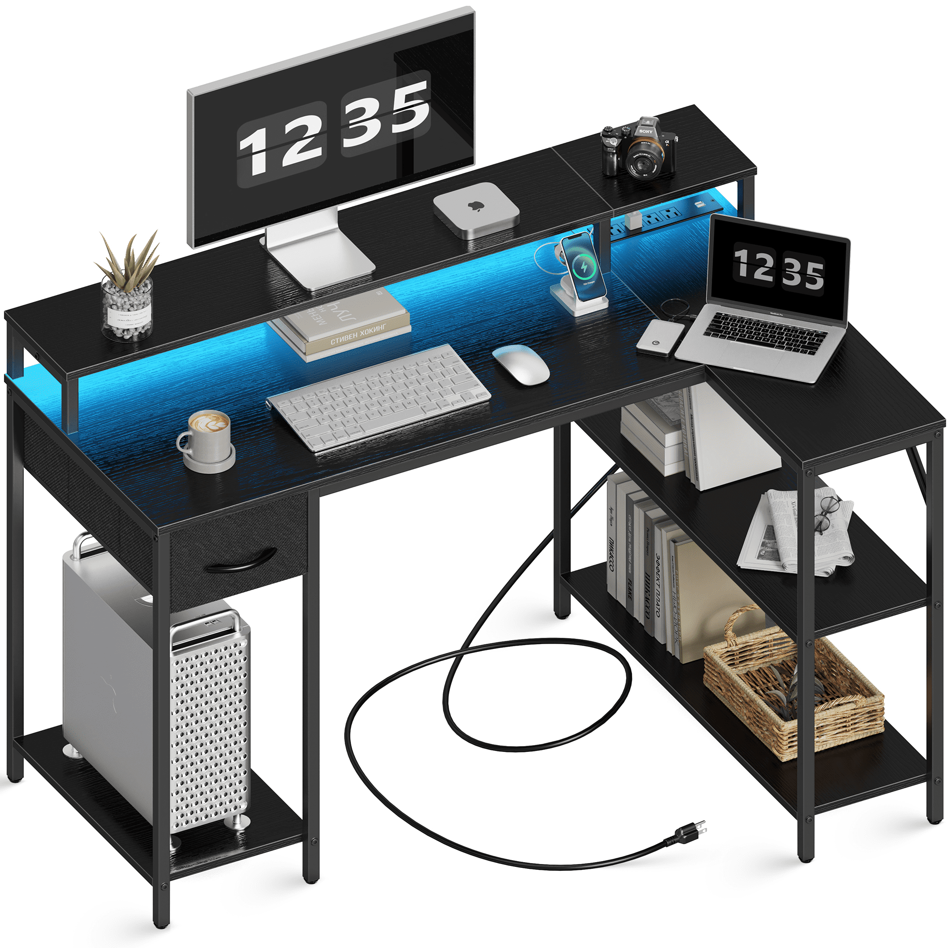 SUPERJARE L-Shaped Computer Desk with LED Lights & Power Outlets, Gaming Desk with Shelves & Drawer, Reversible L Office Desk, Black