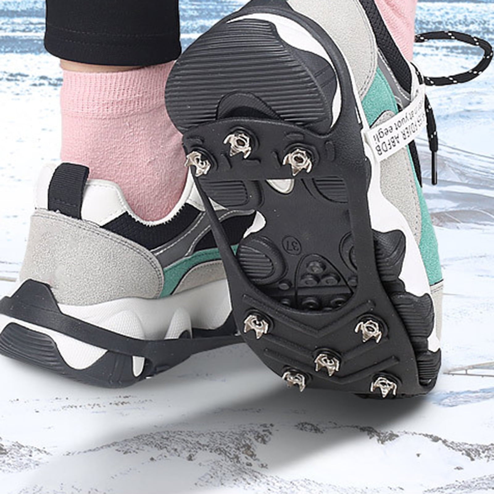 LeKY 2Pcs 8-tooth Anti-Skid Ice Climbing Shoe Spikes Grips Snowshoes Covers Crampons Black M