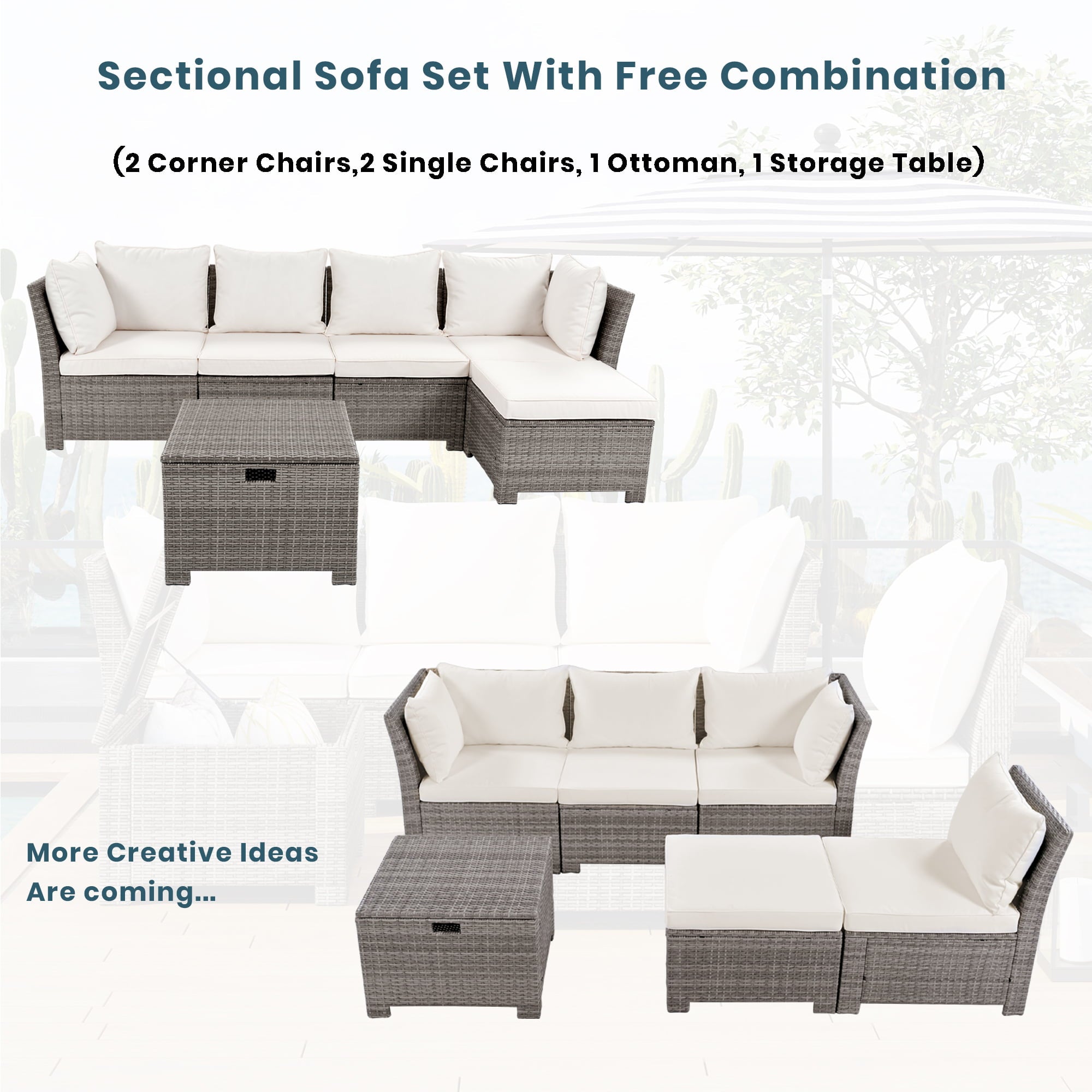 Euroco 6-Piece Outdoor Sofa Set with Storage Box, PE Wicker Seating Set for 5, Beige