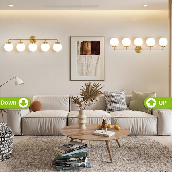 38.98 in. 5-Light Gold Bathroom Vanity Light with Opal Glass Shades, Bulbs not Included