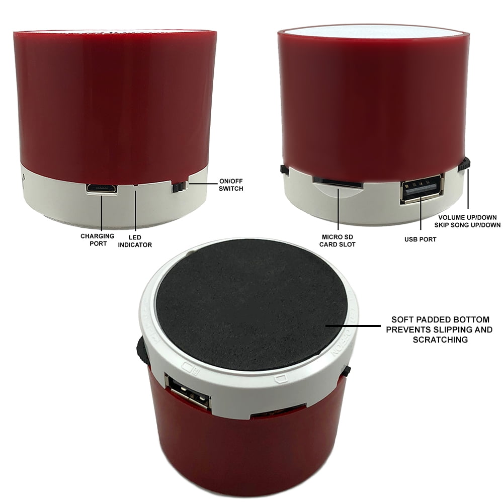 Acuvar Wireless Rechargeable Mini Speaker Pod with Micro SD Card Reader and USB Compatibility (Red)