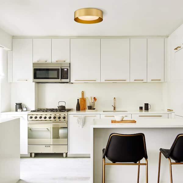 13.8 in. 1-Light Gold Flush Mount with Frosted Glass Shade