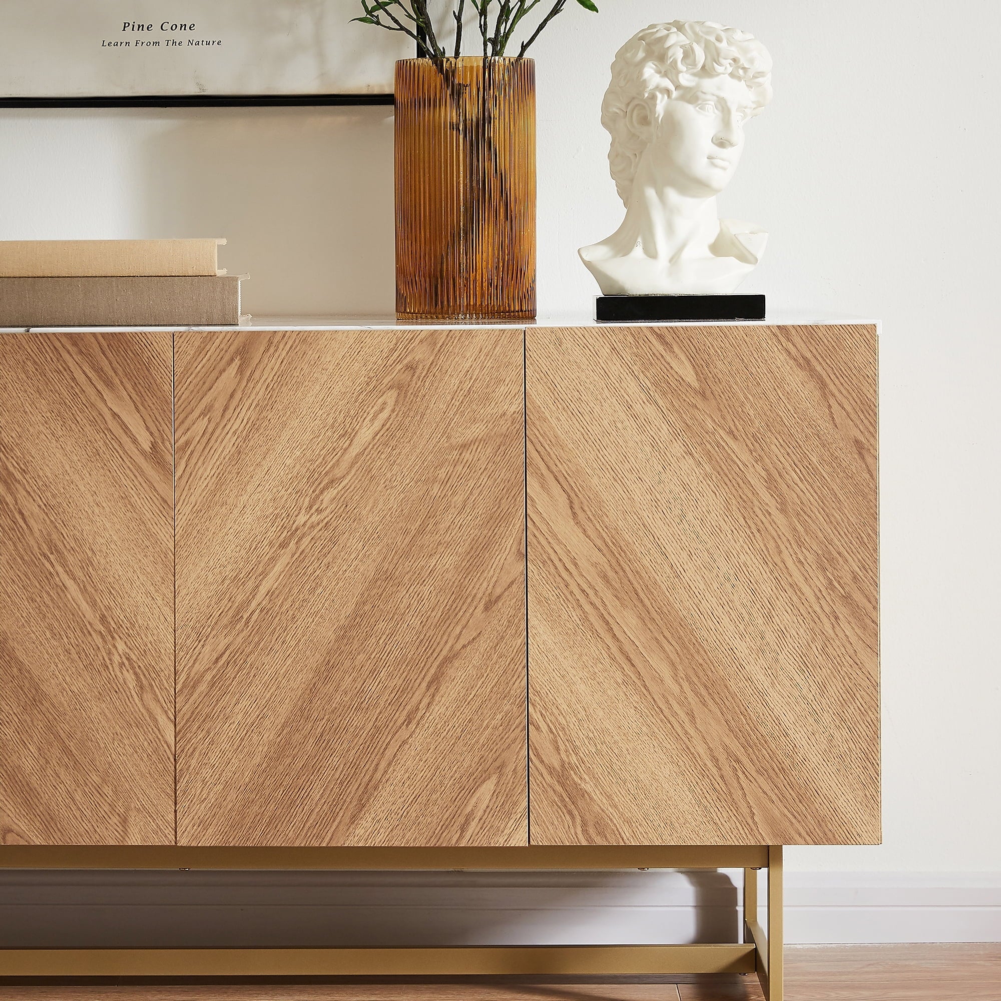 Roomfitters 57” Mid Century Modern TV Stand, Herringbone Pattern Buffet Cabinet Sideboard Credenza, Marble Top Media Console Entertainment Center for Living Room, Entryway (Oak Wood, Gold Metal Legs)