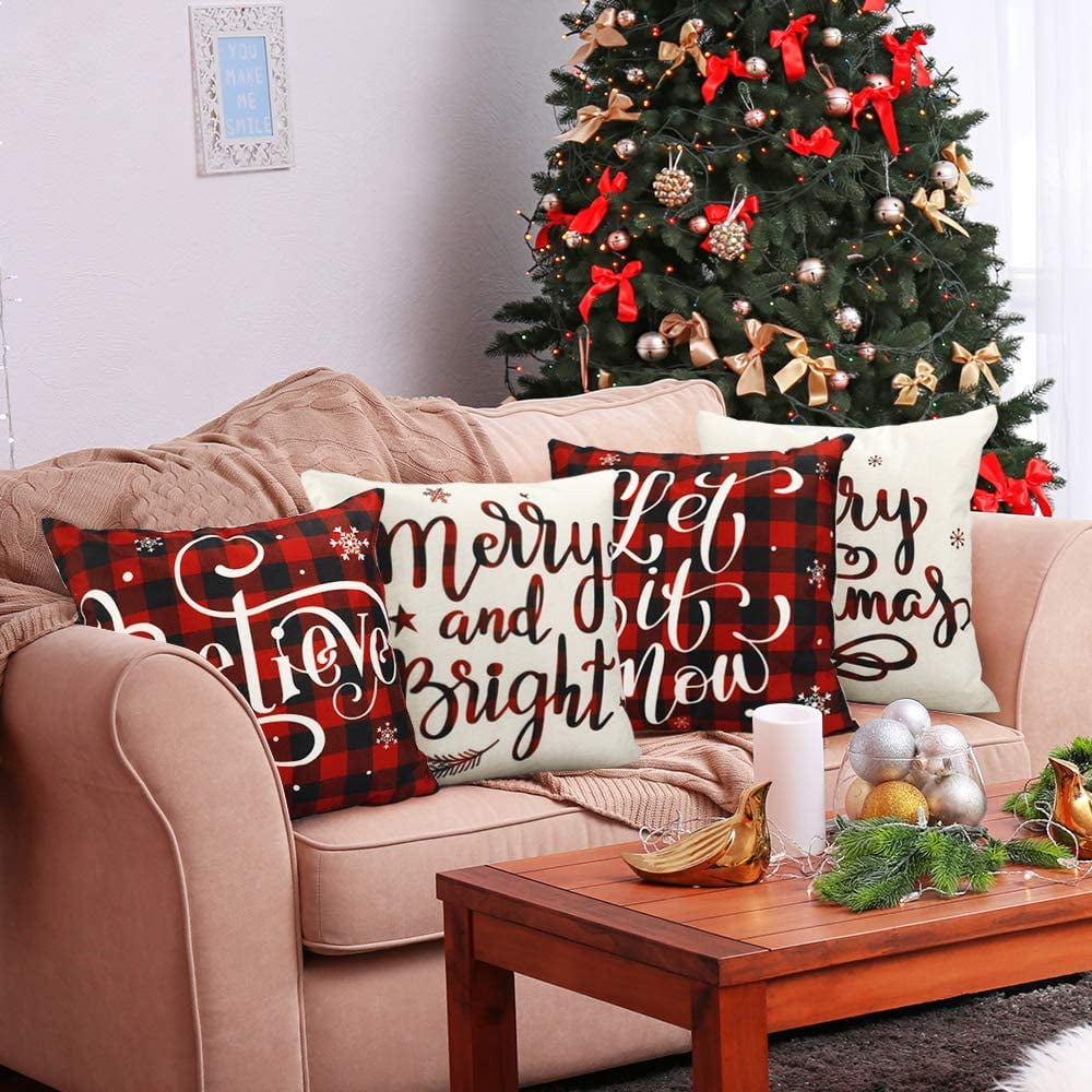 DecorX Christmas Pillow Covers 18x18 Set of 4 Farmhouse Black and Red Buffalo Check Plaid Throw Pillow Covers Outdoor Rustic Linen Pillow Case for Sofa Couch Christmas Decorations