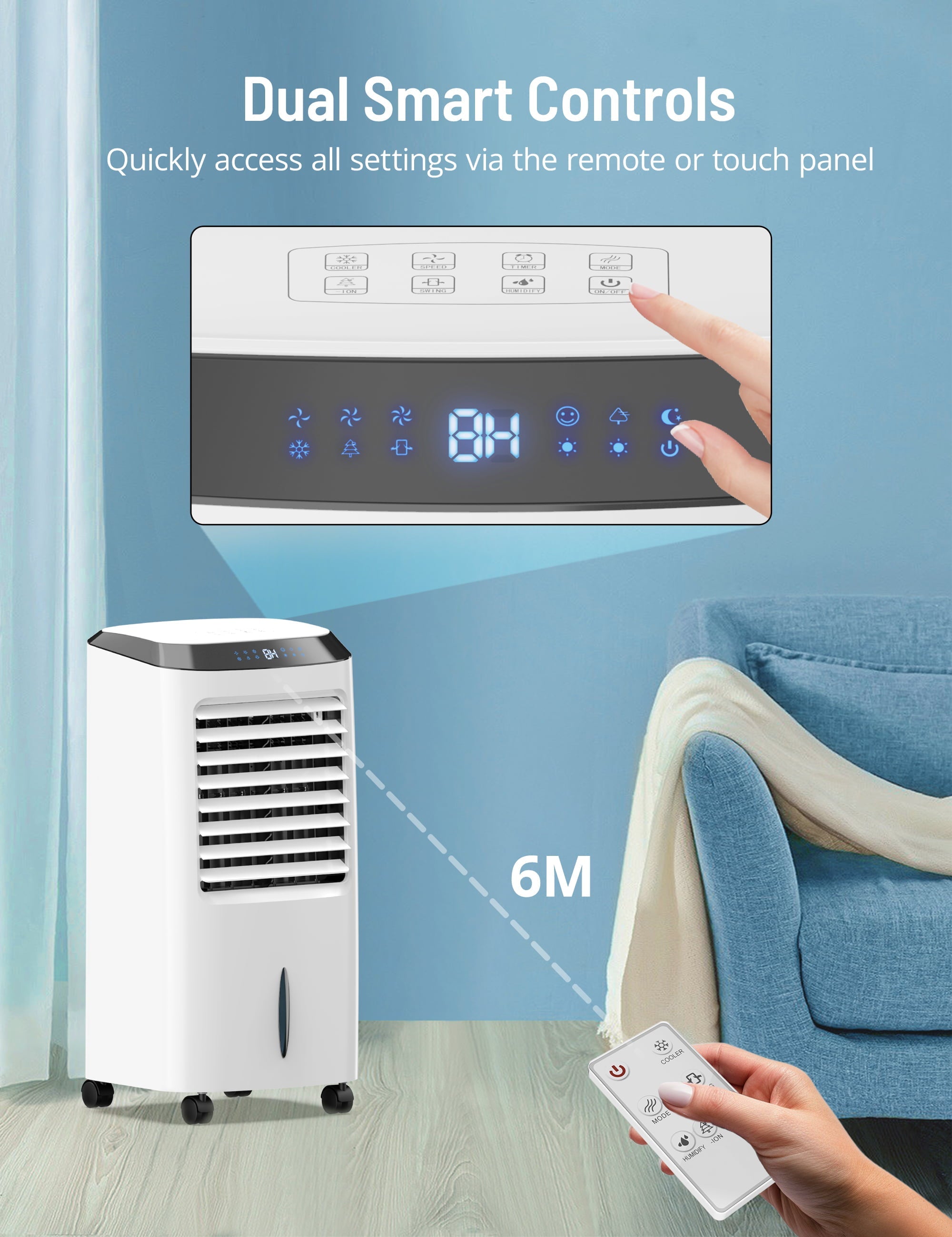 4-in-1 Evaporative Air Cooler, Portable Air Cooling Fan with Negative Ion, Swamp Cooler with Remote, LED Display, Quite, Casters for Home, Office